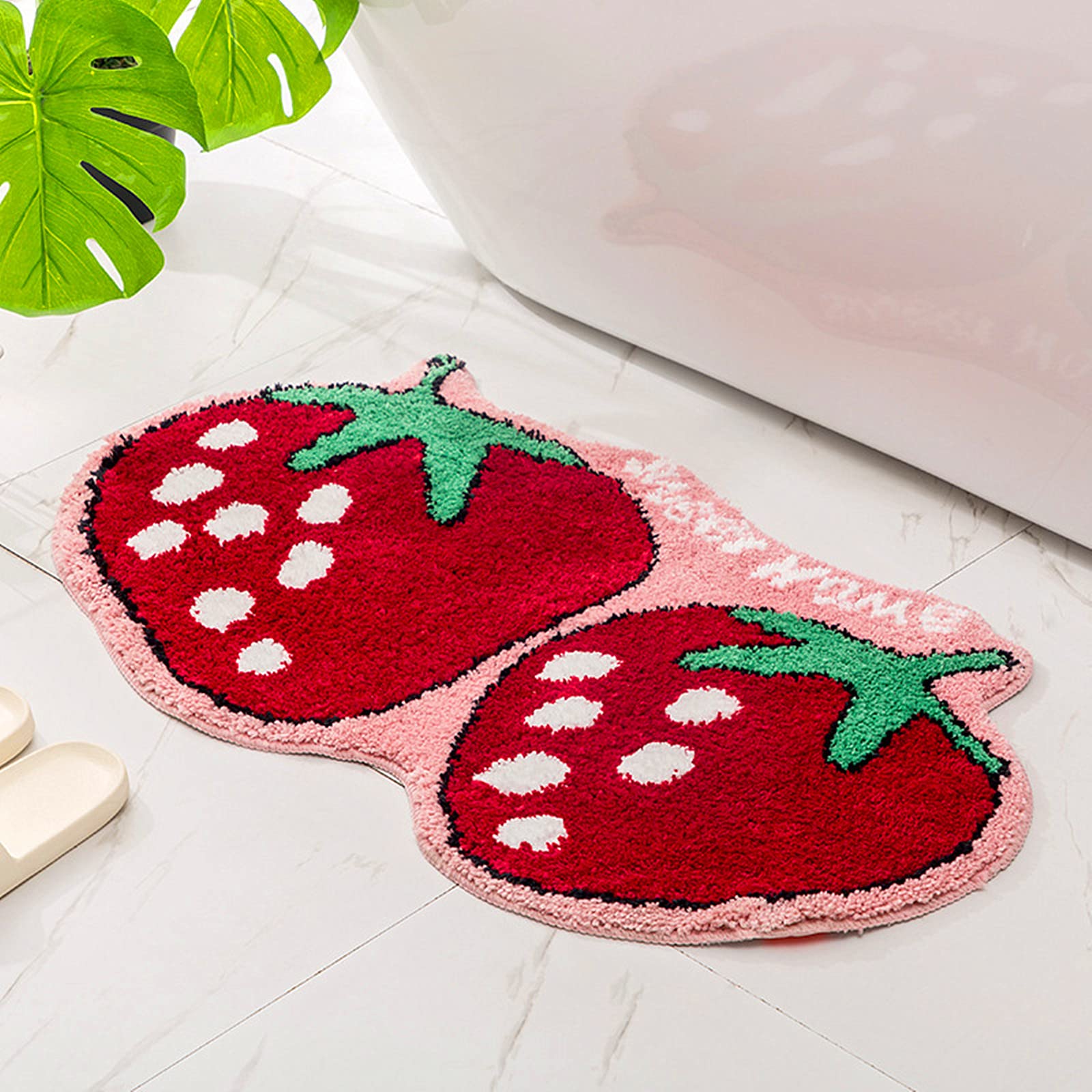 Ukeler Cute Strawberry Shape Bathroom Rug For Kids Non Slip Absorbent Bath Mat Washable Shaggy Kids Bedroom Decor Bathroom Door