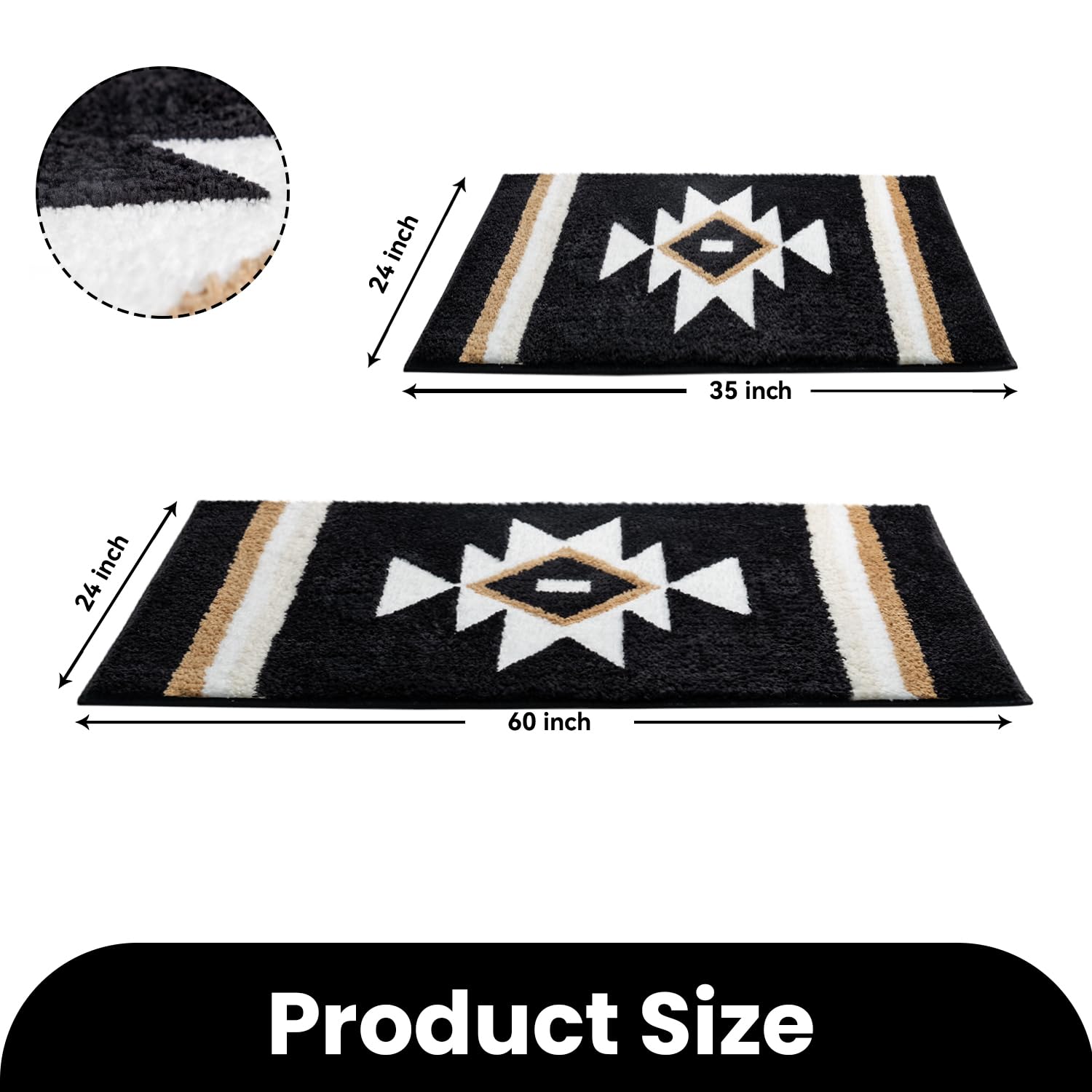 Tanvill Boho Bathroom Rugs Black Bath Mat Non Slip Soft Absorbent Western Geometric Bath Rug Luxury Plush Floor Mat For Farmhous