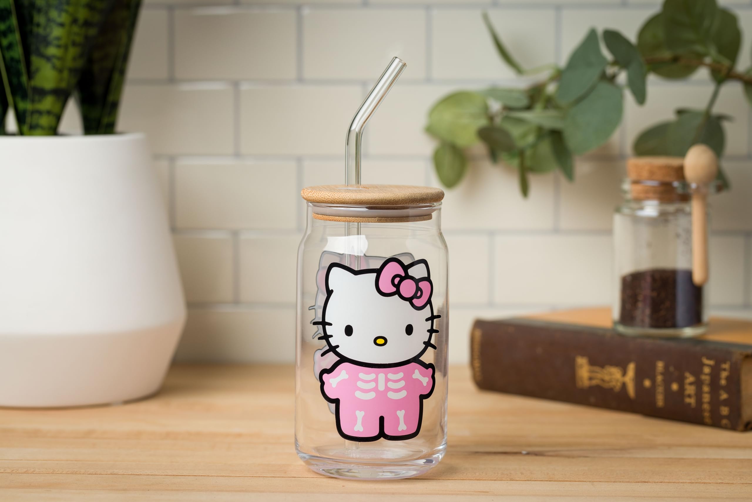 Silver Buffalo Sanrio Hello Kitty Halloween Spooky Skeleton Glass Jar Tumbler With Bamboo Lid And Glass Straw, 16 Ounces