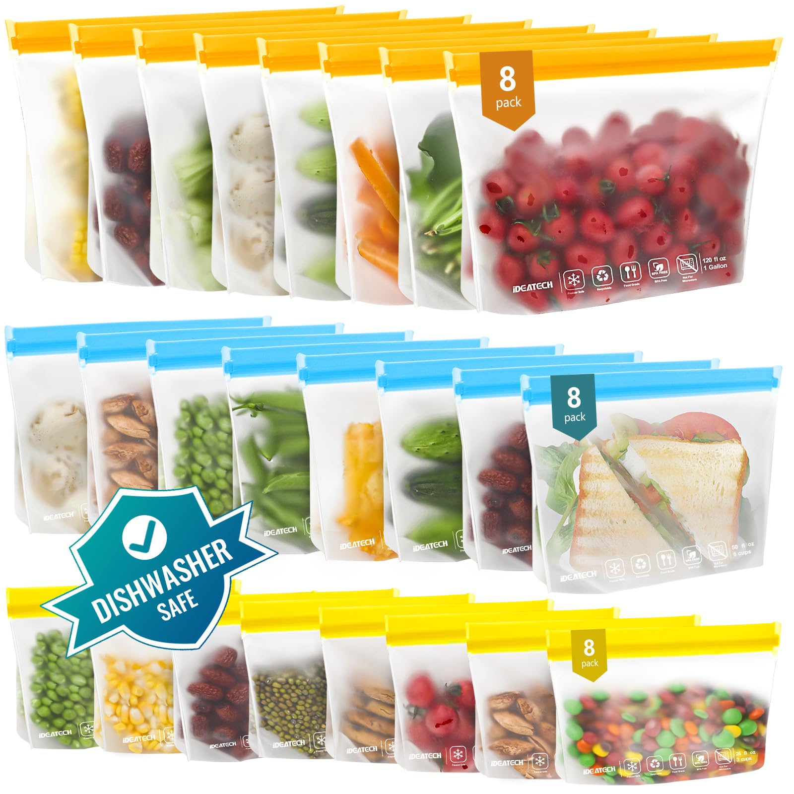 24Pack Reusable Food Freezer Bags Dishwasher Safe, Leakproof Storage Contaizers, Reusable Bags Various Size for Food Storage, BP