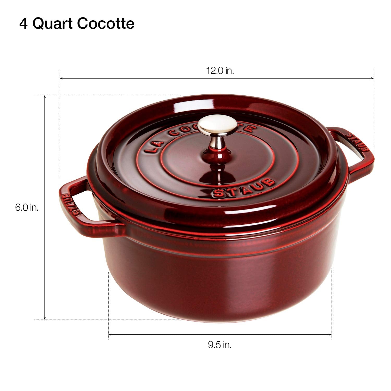 STAUB Cast Iron Round Cocotte, 4-qt, Grenadine, Model 1102487, Made in France