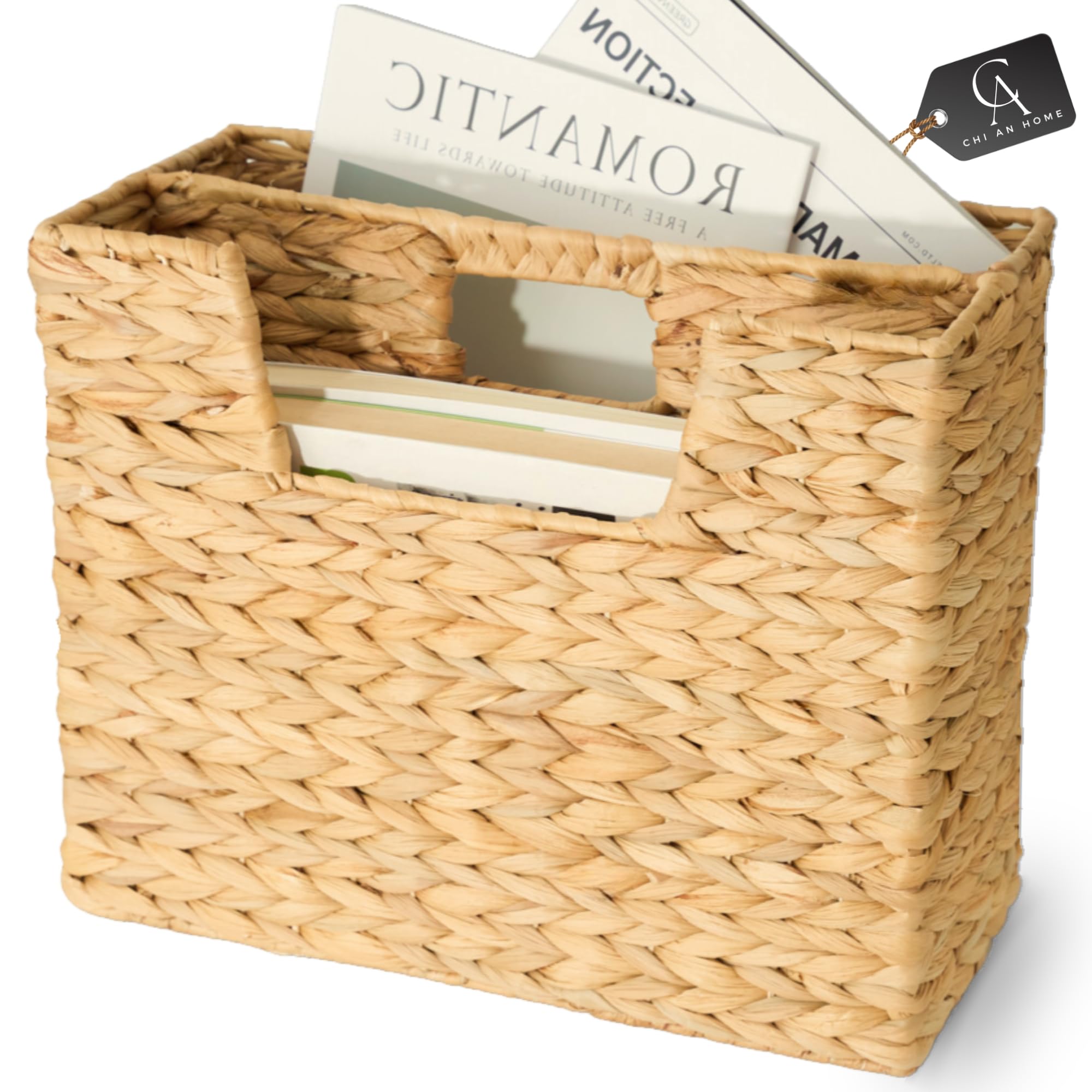 Chi An Home Wicker Magazine Basket, Water Hyacinth Organizer For Files, Books & Newspapers, Divided Rattan Basket With Handle, S
