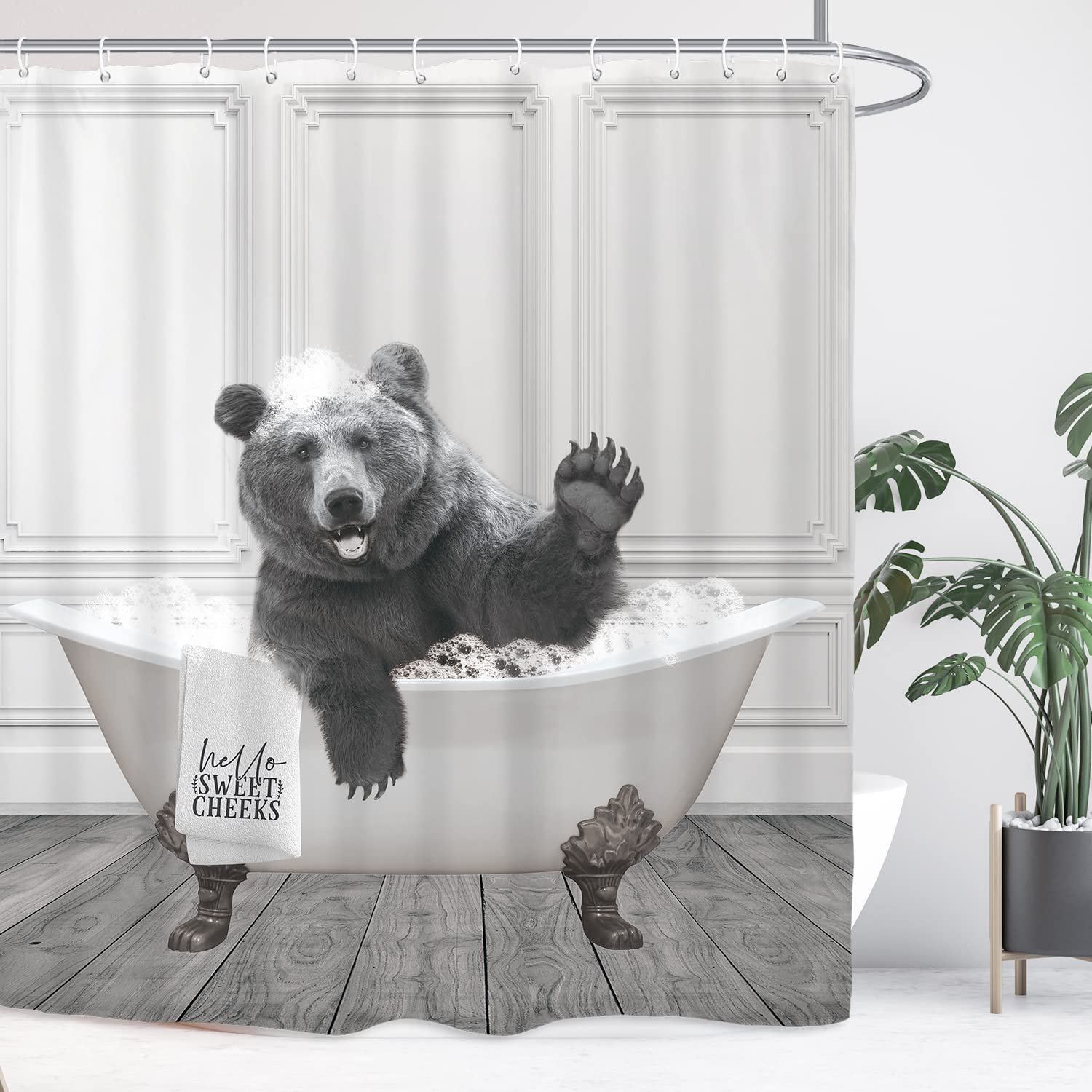 Yookeb Funny Bear Bathroom Shower Curtain 60W By 71H Inch Animal Farmhouse Cabin Hello Sweet Cheeks Polyester Fabric 12 Plastic
