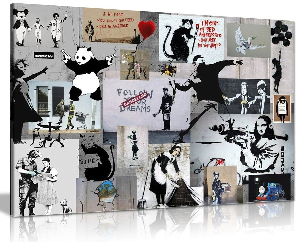 Banksy Montage Collage Canvas Wall Art Picture Print (24X16In)