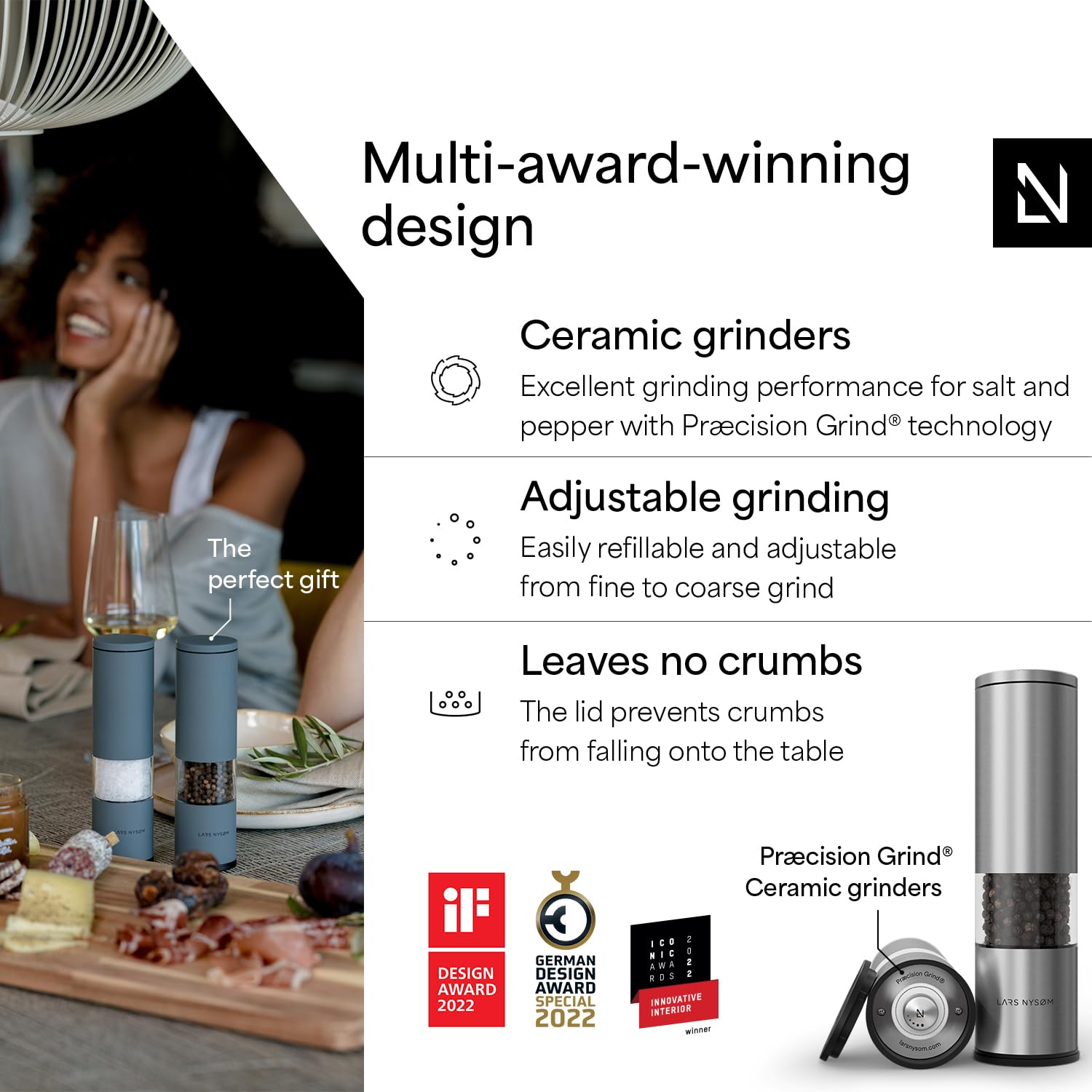 LARS NYSAM Salt and Pepper Mills Set Stainless Steel with Adjustable ceramic grinder 2 pieces I Design Spice Mills Set Manual (Stainless Steel)