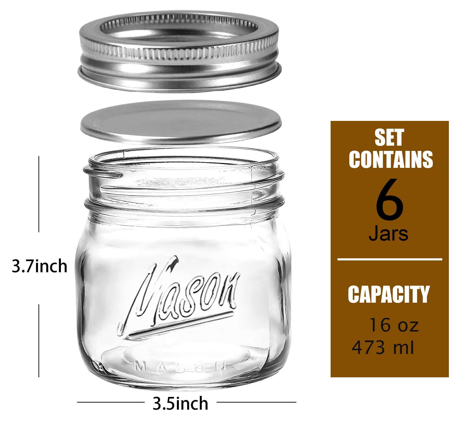 Ieavier 6 Pack Wide Mouth Mason Jars 16Oz With Airtight Lids And Bands, Canning Jars With Crystal Glass For Food Storage, Spice