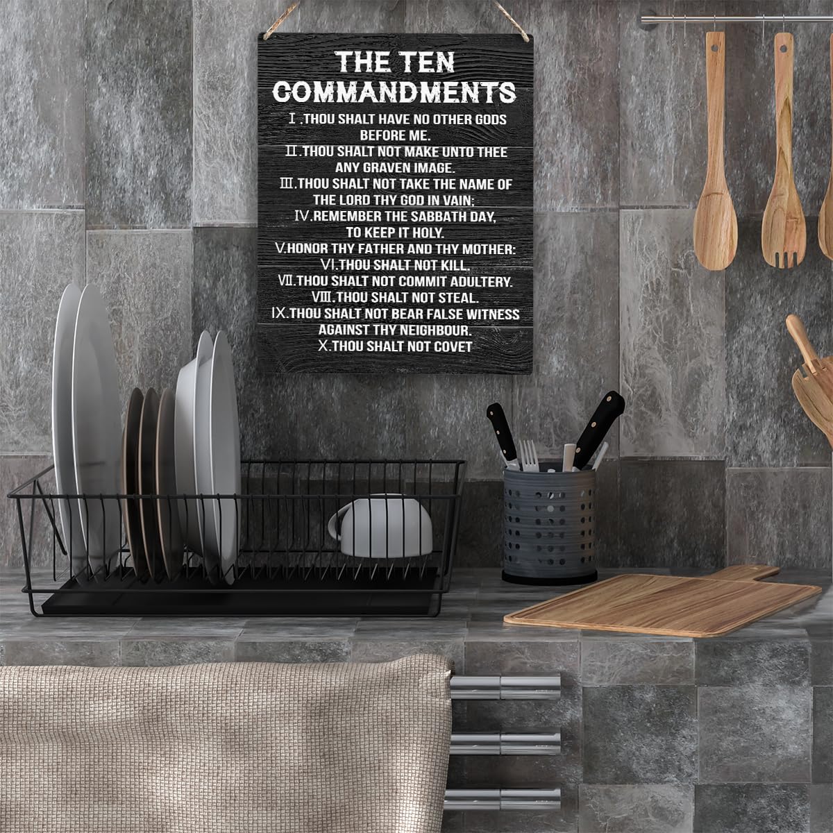 YCYD Ten Commandments Decor, Christian Bible Verse Decor - Rustic Wooden Box Sign for Living Room, Bedroom, Office - 10 x 8 Inch