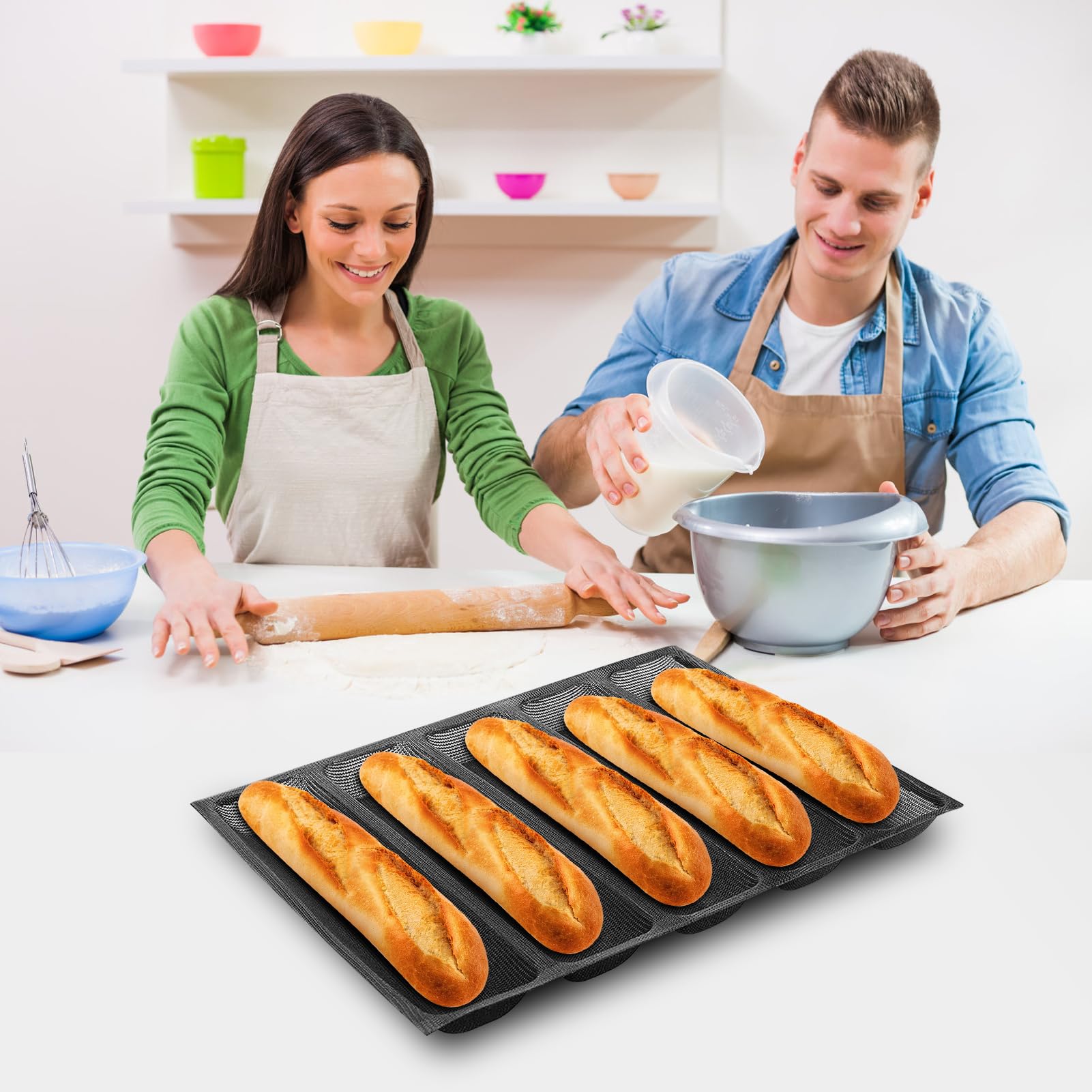 Estink Silicone Pan, Oblong Shape Bread French Bread Baking French Bakeware Tray 5 Loaf Nonstick Baking Liners Mat For Frozen Do