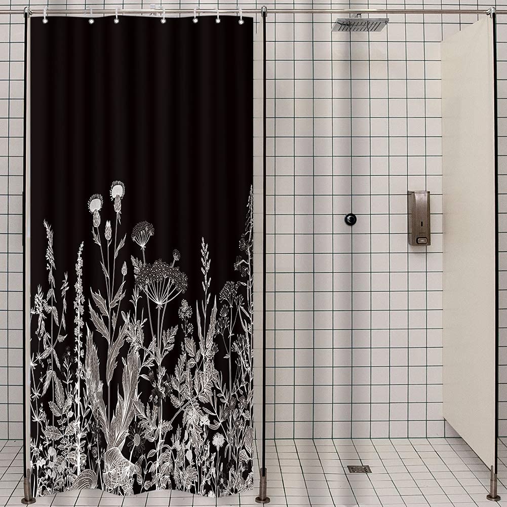 Riyidecor Small Stall Wildflower Plant Shower Curtain 36Wx72H Inch Black Background Botanical Floral Border Herbs Leaves Decor Nature Vintage Bathroom Fabric Polyester Waterproof 7 Pack Plastic Hooks