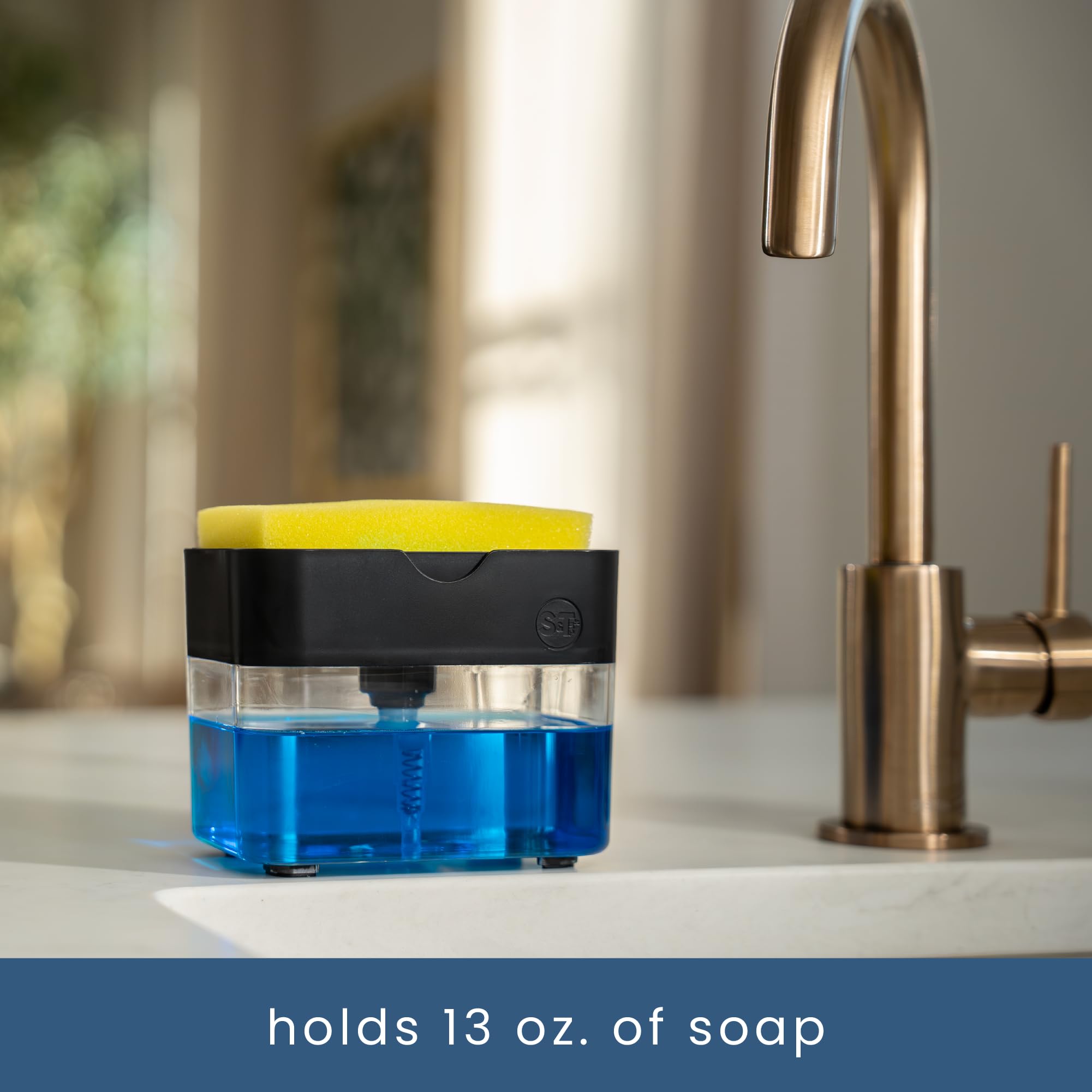 S&T INC. Dish Soap Dispenser and Sponge Holder for Kitchen Sink with Enhanced Features  Sponge Included  13 Ounces  Matte Black