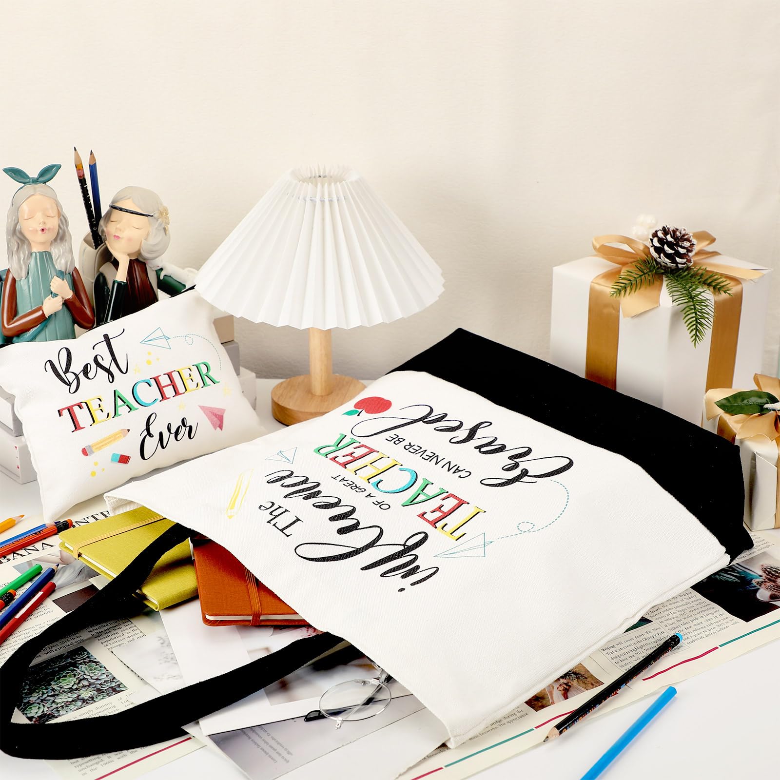 2 Pcs Teacher Appreciation Gift Set - Rainbow Christmas Canvas Tote With Makeup Bag, Survival Kit for Xmas and Graduation (Words