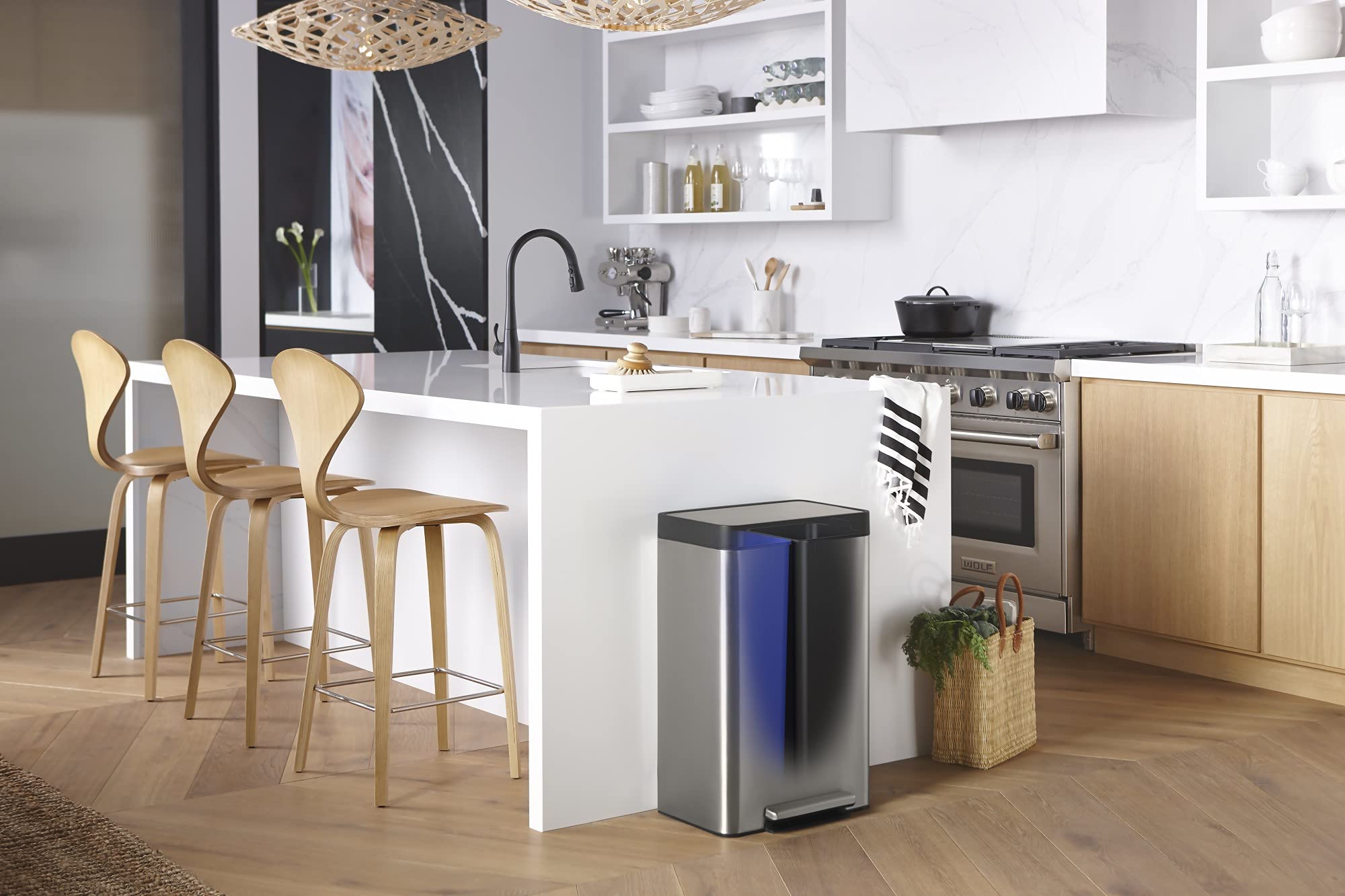 Kohler 20956-St 11 Gallon Hands-Free Dual Compartment Recycling Kitchen Step, Trash Can With Foot Pedal, Quiet-Close Lid, Stainl