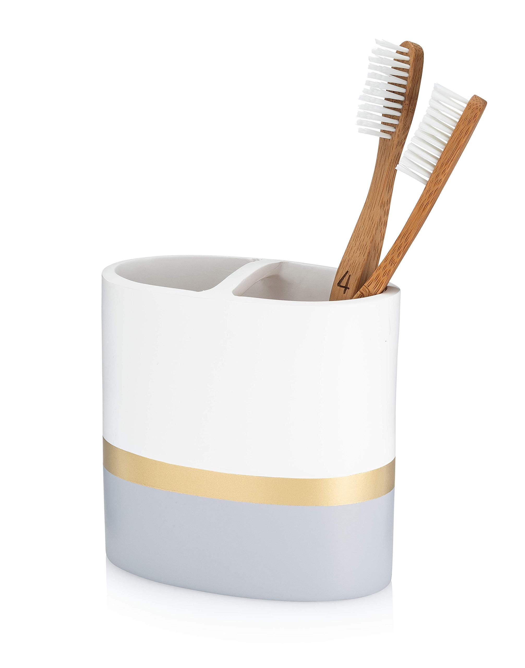 Essentra Home Day And Night Collection White And Grey With Gold Stripe Toothbrush Holder