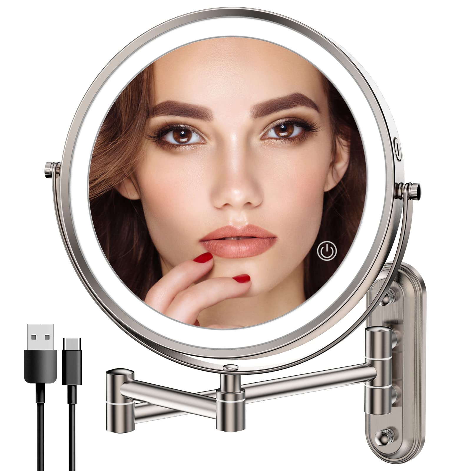 Rocollos Two-Fingers-Width Narrow Base Rechargeable Wall Mounted Lighted Makeup Mirror,3 Color Lights Dimmable Touch Screen,8 In