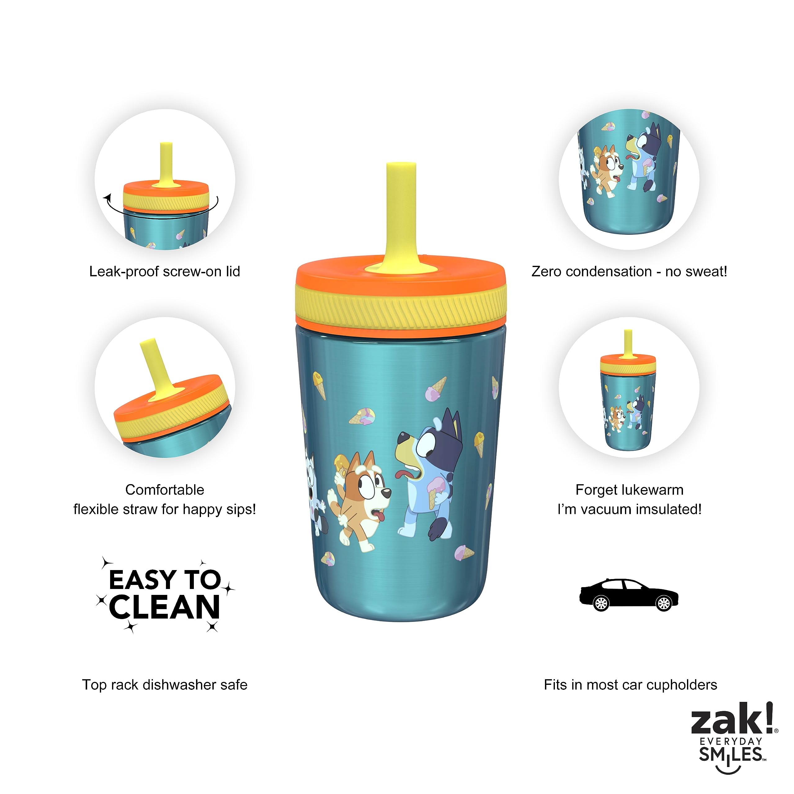 Zak Designs Bluey Kelso Tumbler Set, 15 Fl.Oz. Leak-Proof Screw-On Lid With Straw, Bundle For Kids Includes Plastic And Stainles