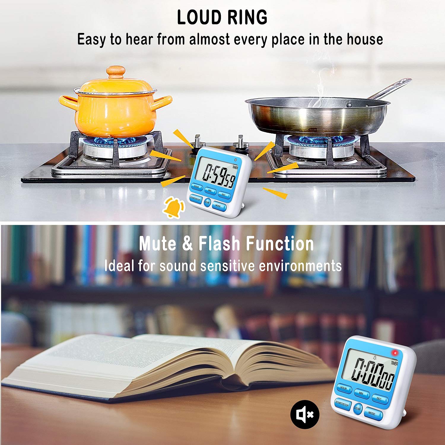 KTKUDY Digital Kitchen Timer with Mute/Loud Alarm Switch ON/Off Switch  24 Hour Clock & Alarm  Memory Function Count Up & Count Down for Kids Teachers Cooking  Large LCD Display  Strong Magnet (Blue)