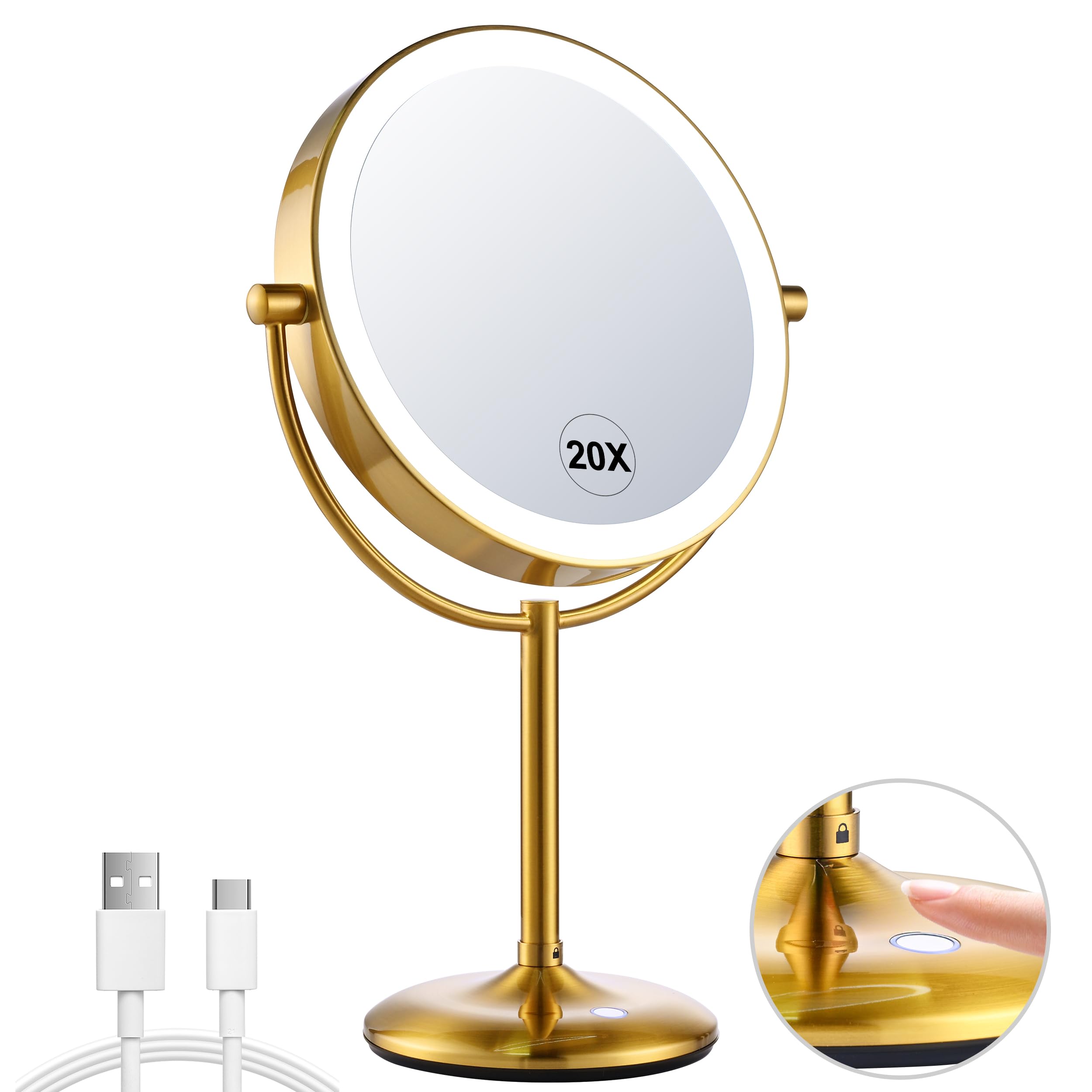 9 Rechargeable Gold Lighted Makeup Mirror with Magnification 20X/1X, Magnifying Mirror with Base Charging and Switch, Makeup Van