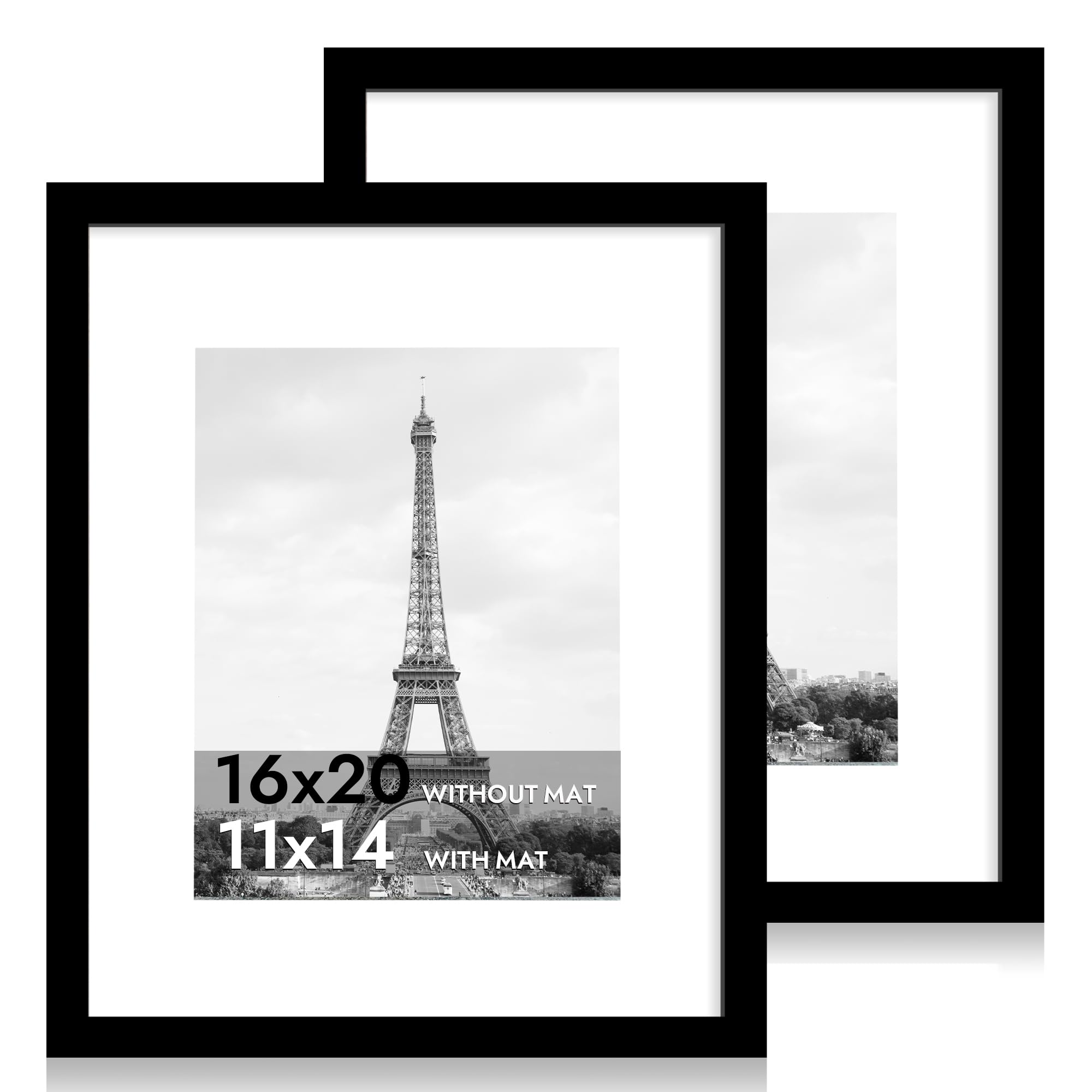 iRahmen 16x20 Picture Frame Set of 2 with Plexiglass, Black Poster Frame Display 11x14 Picture with Mat or 16 x 20 Without Mat, 
