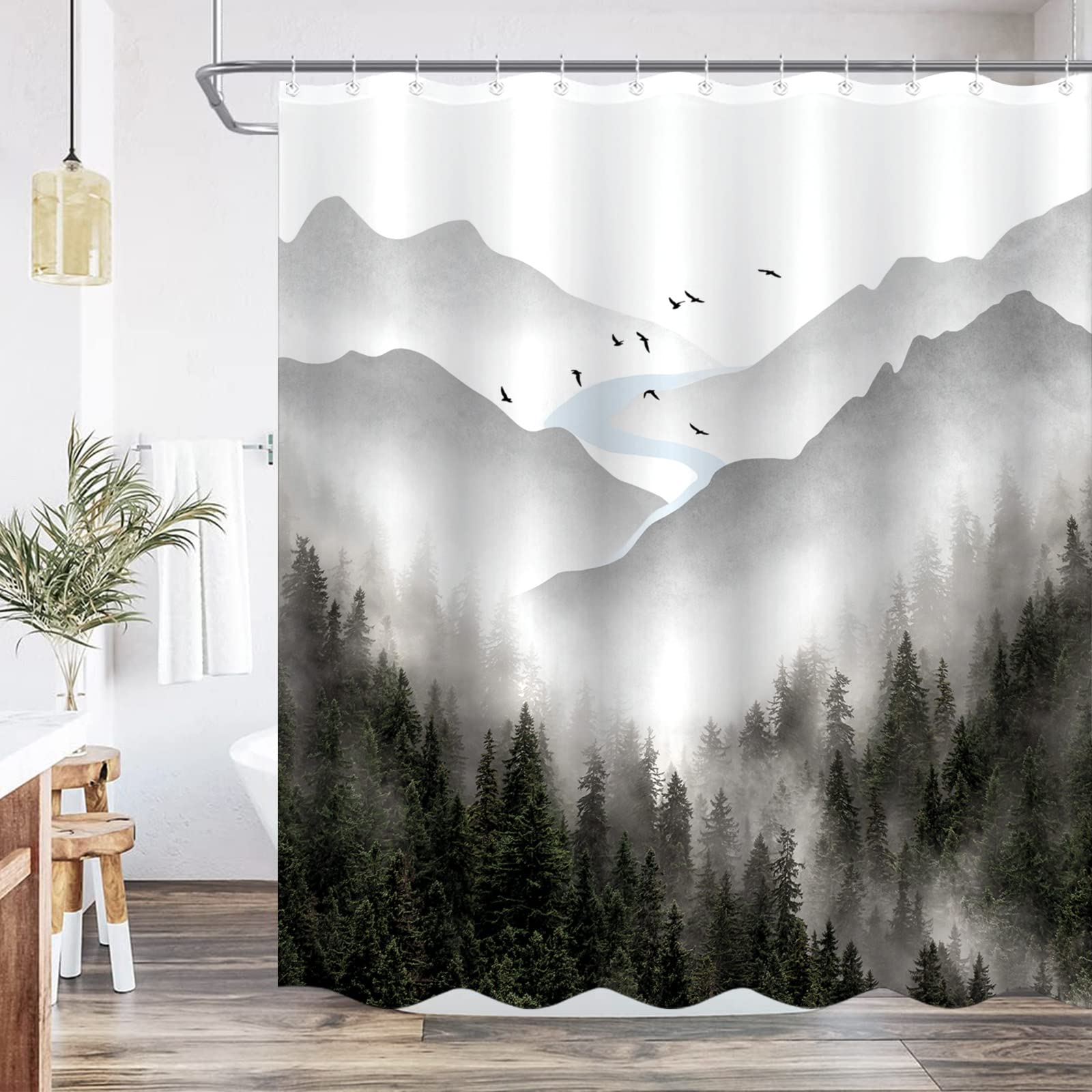 Zussun Long Gray Misty Forest Shower Curtain Grey Nature Foggy Tree Mountain Shower Curtains For Bathroom Waterproof Fabric Wood