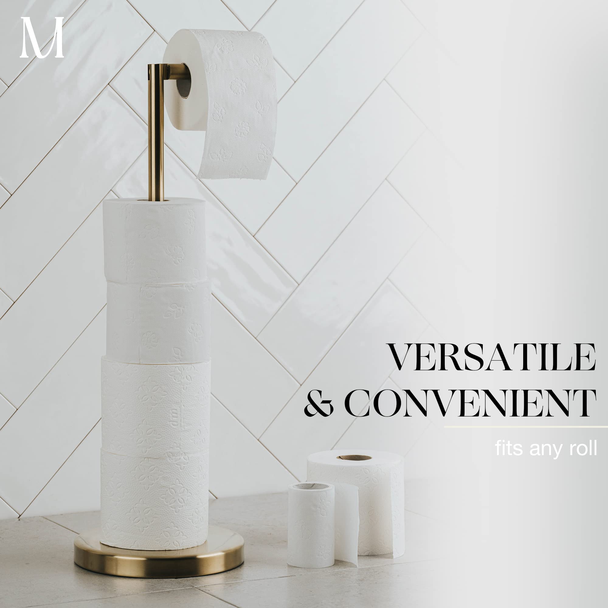 MARMOLUX ACC Free Standing Toilet Paper Holder Stand with Storage for 4 Rolls of Toilet Tissue for Bathroom  Stainless Steel Luxury Brushed Gold