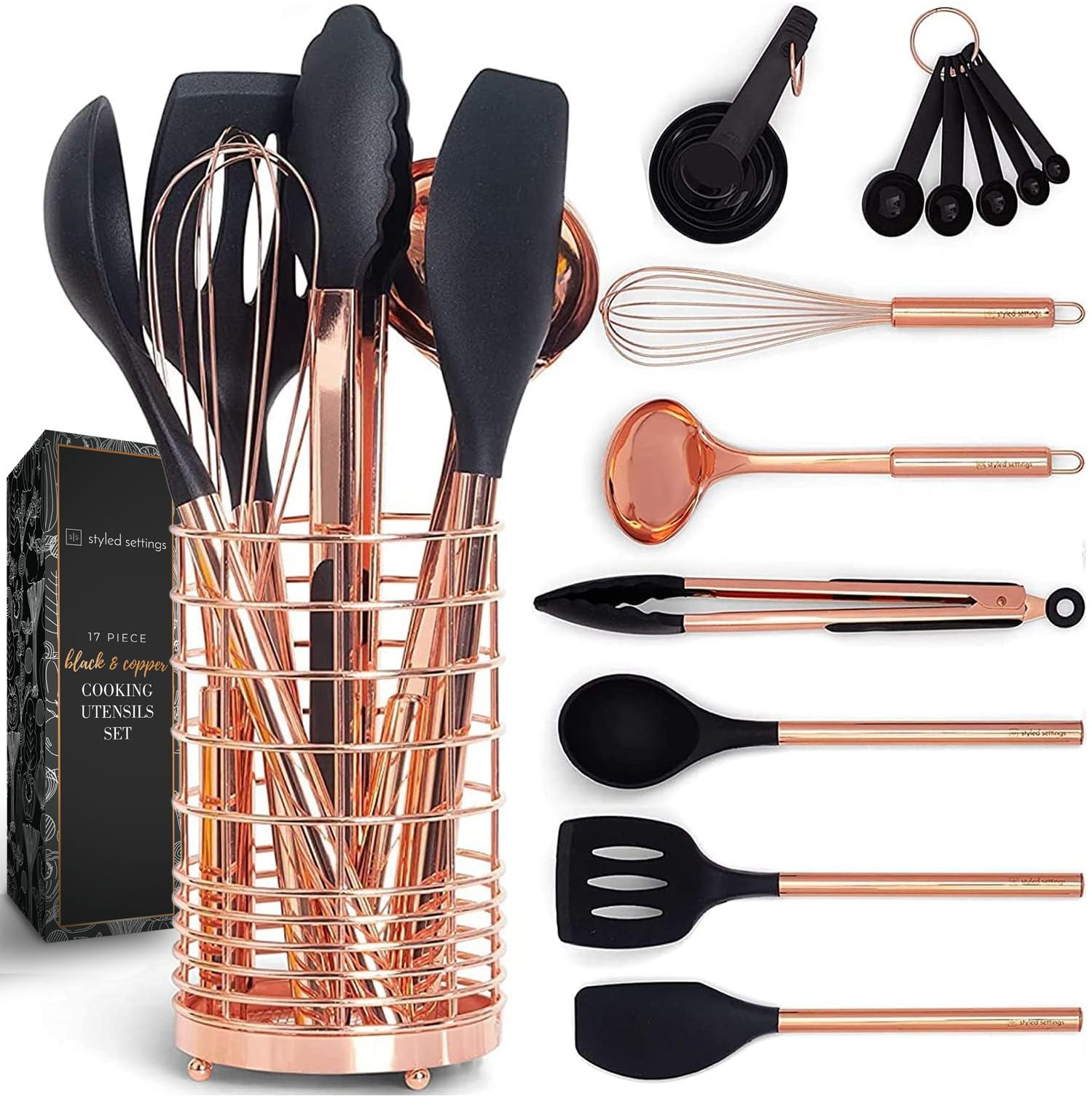 Black And Copper Kitchen Utensils With Holder - 17-Piece Set With Measuring Cups And Spoons, Rose Gold Cooking Tools - Stylish B