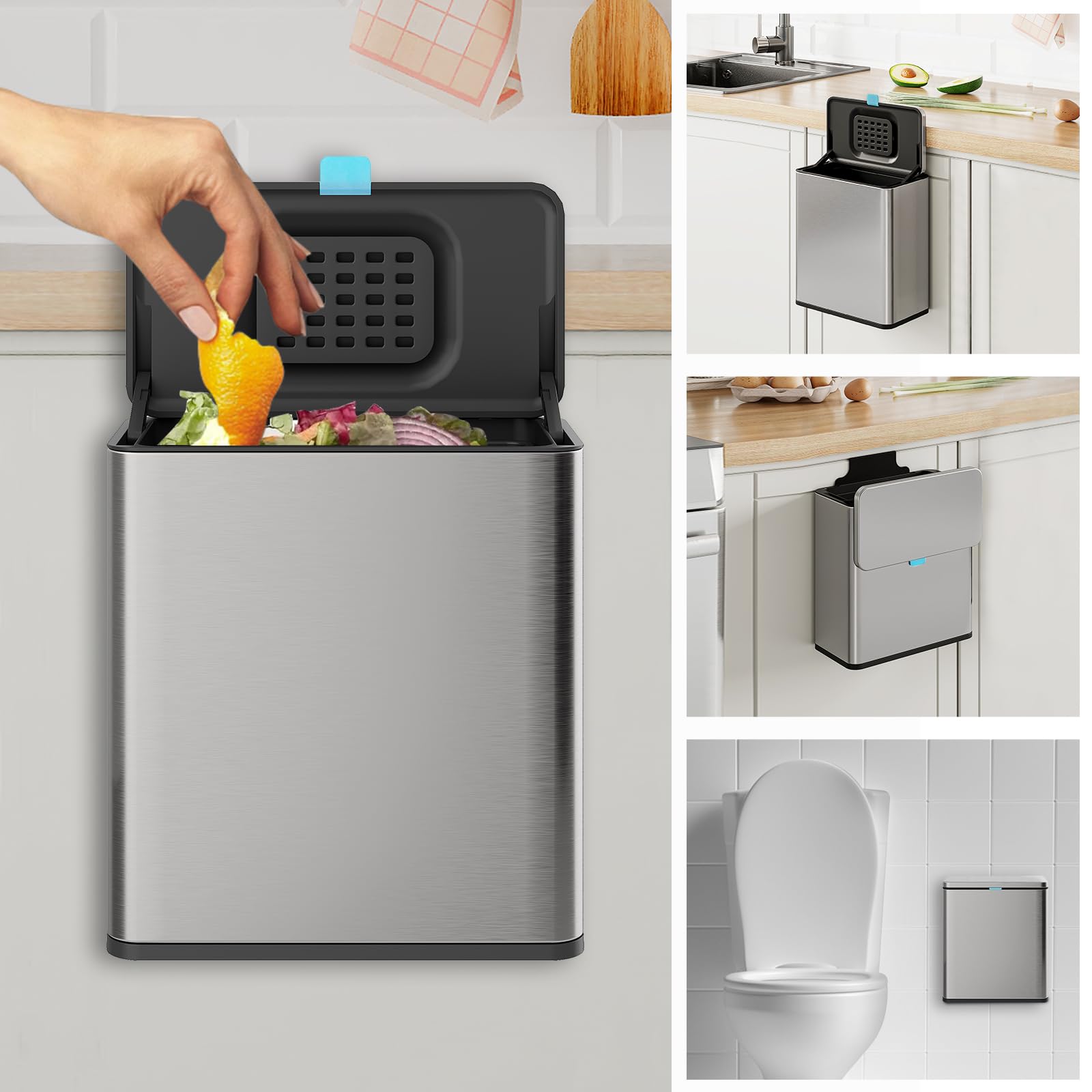 LINSSEN Stainless Steel Hanging Trash Can with Lid and Inner Bucket, 2 Gallon Kitchen Compost Bin for Counter Top, Under Sink or