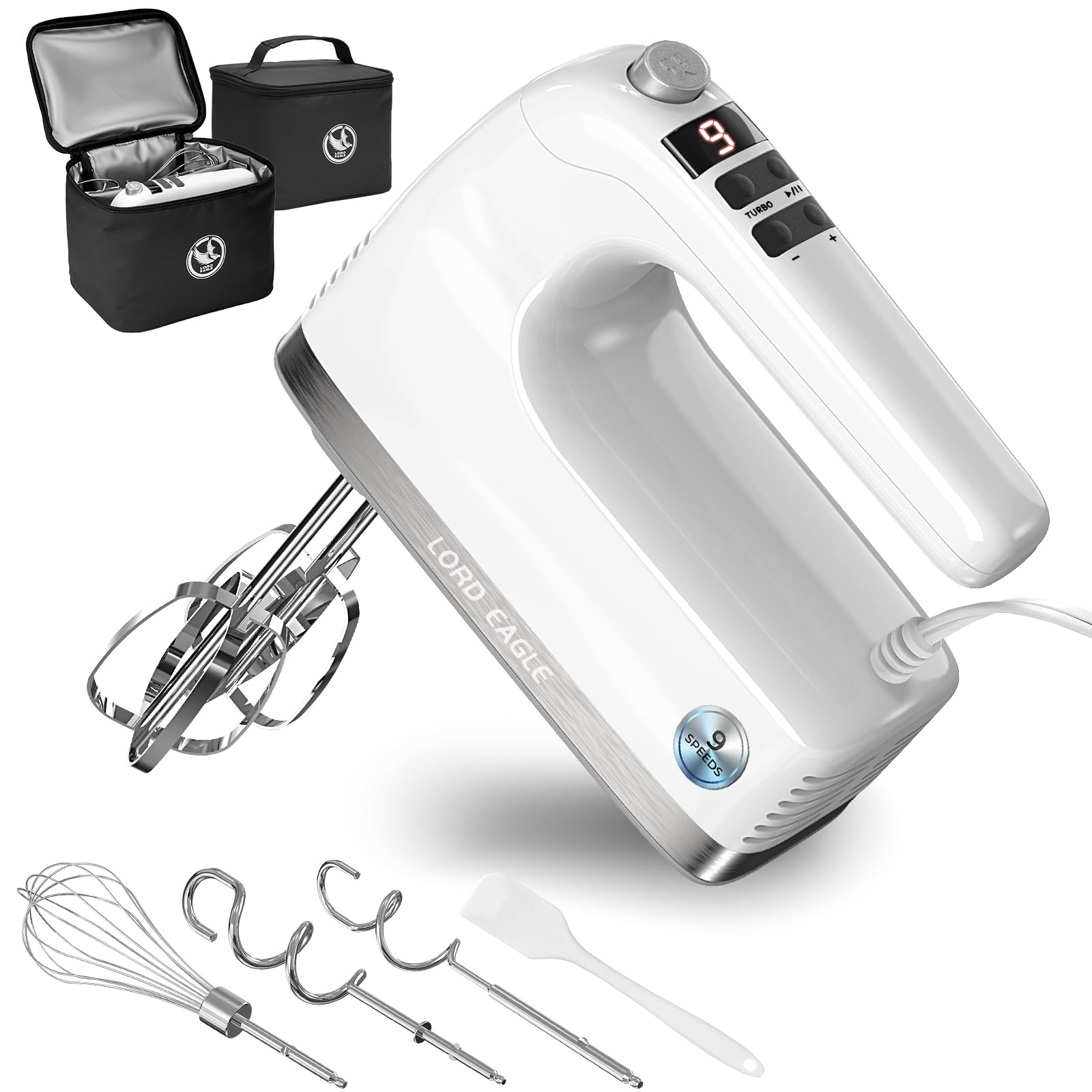 Lord Eagle 9-Speed Digital Hand Mixer Electric Handheld, 500W DC Motor Kitchen Mixer for Cake Baking, Lightweight Egg Beaters wi