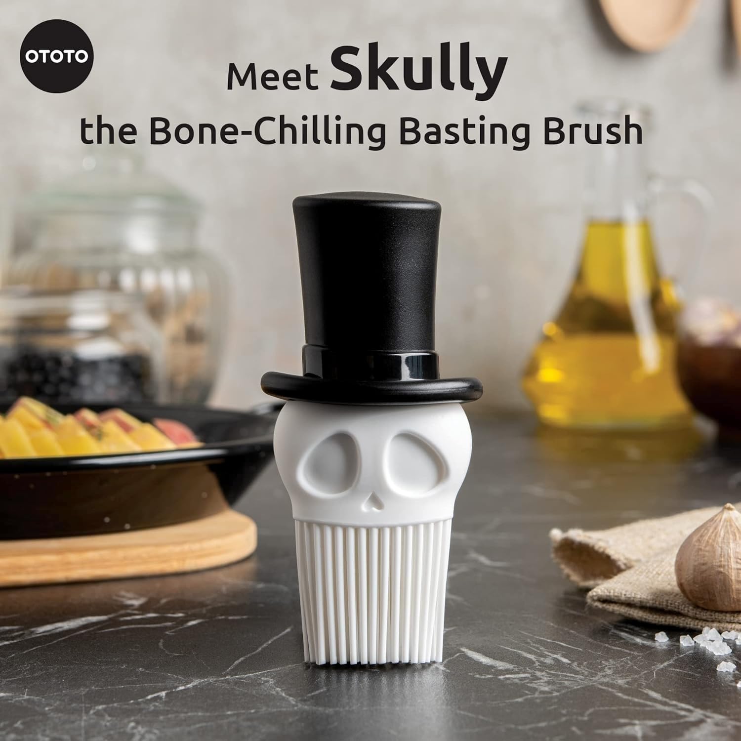 Skully Basting Brush By Ototo - Silicone Pastry Brush, Kitchen Brush, Spooky Gifts, Skull Kitchen Accessories, Food Basting Brus