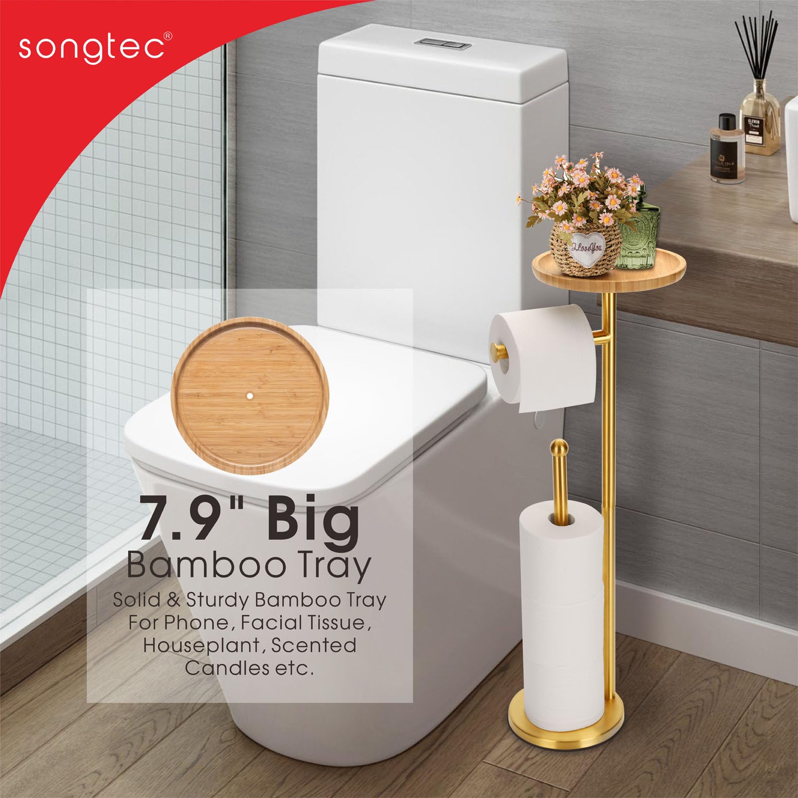 Toilet Paper Holder Stand With 7.9'' Big Bamboo Tray, Gold Floor Standing Paper Holder Storage Stand With Phone Shelf, Reserve F