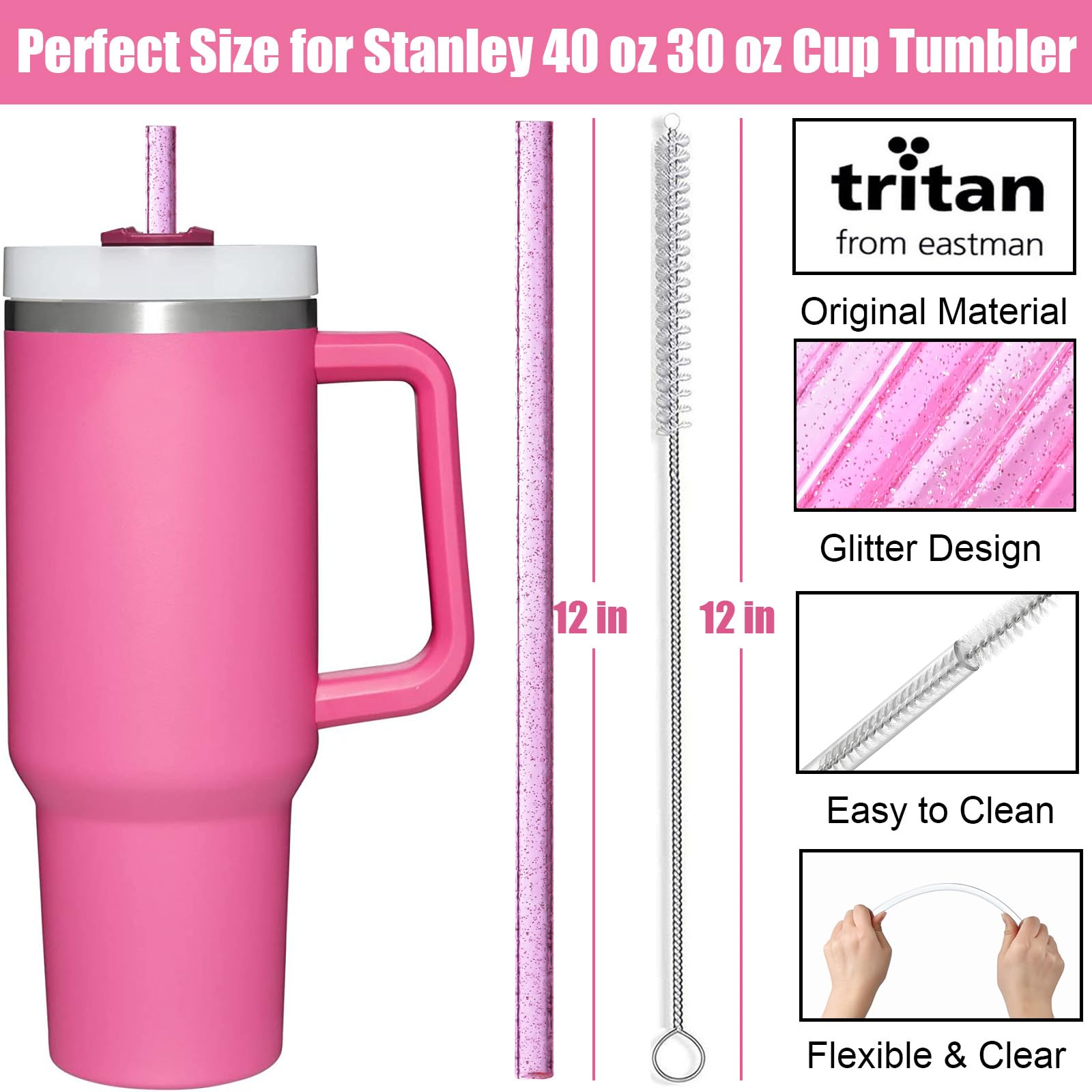 ALINK 10 Pack Pink Replacement Straws for Stanley 40 oz 30 oz Tumbler  12 in Long Reusable Plastic Glitter Straws for Stanley Cup Accessories  Half Gallon Jug  Plus 2 Cleaning Brush