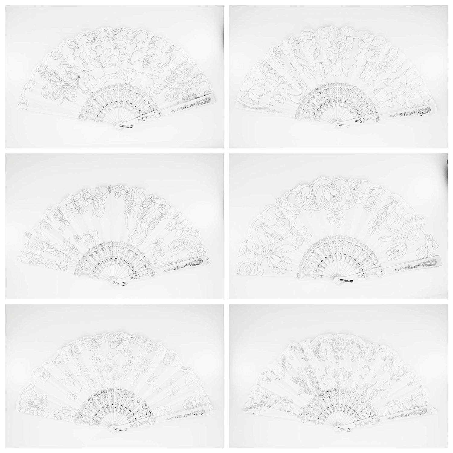12 Pc Mix Spanish Style White and Silver Glitter Floral Pattern Folding Fan for Wedding Party Decor/Sweet 15 favors/Dancing Hand