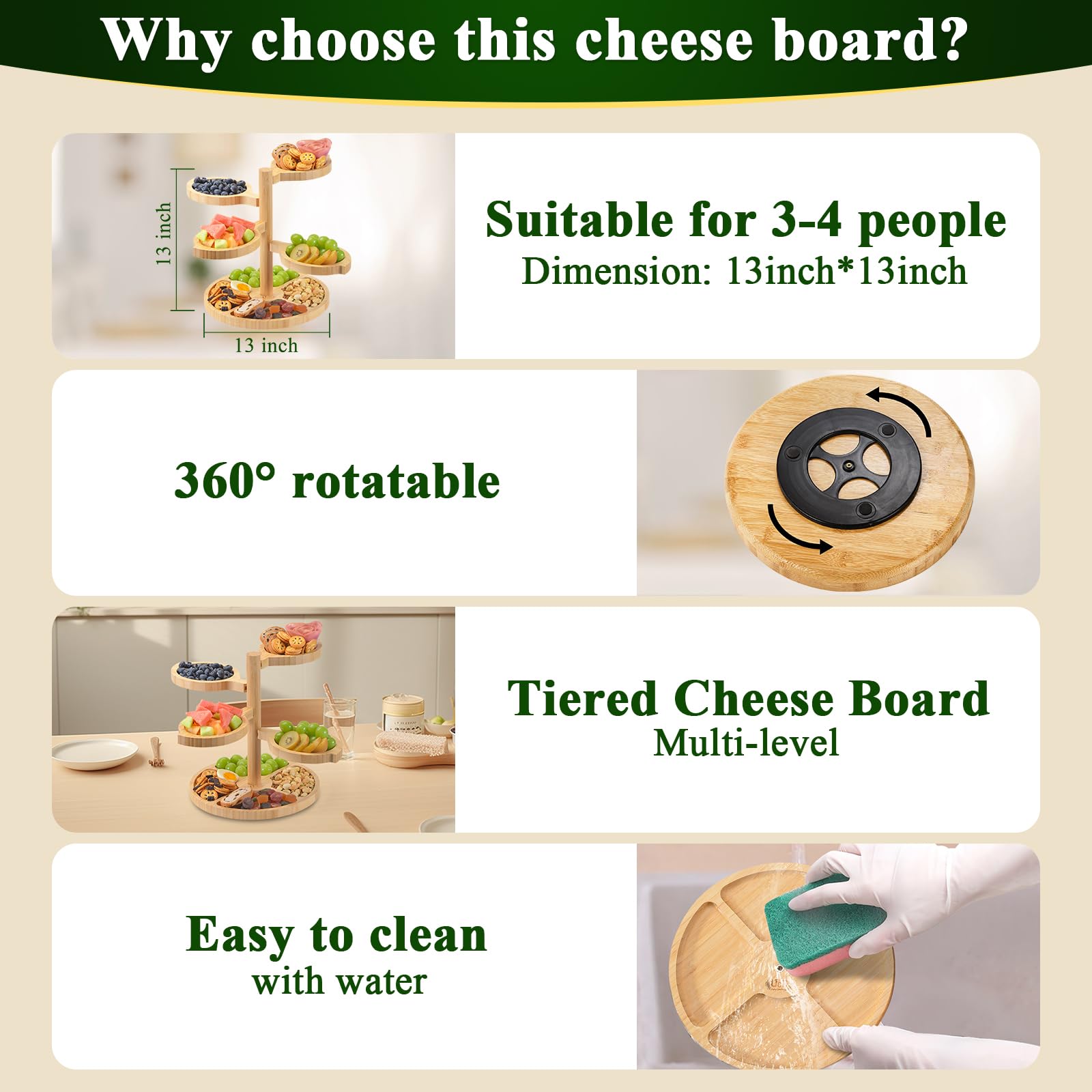 Utcg 5-In-1 Bamboo Charcuterie Board - 360 Rotating, Tiered, Detachable, Easy To Clean - Ideal Gift For Christmas, New Year, Wed