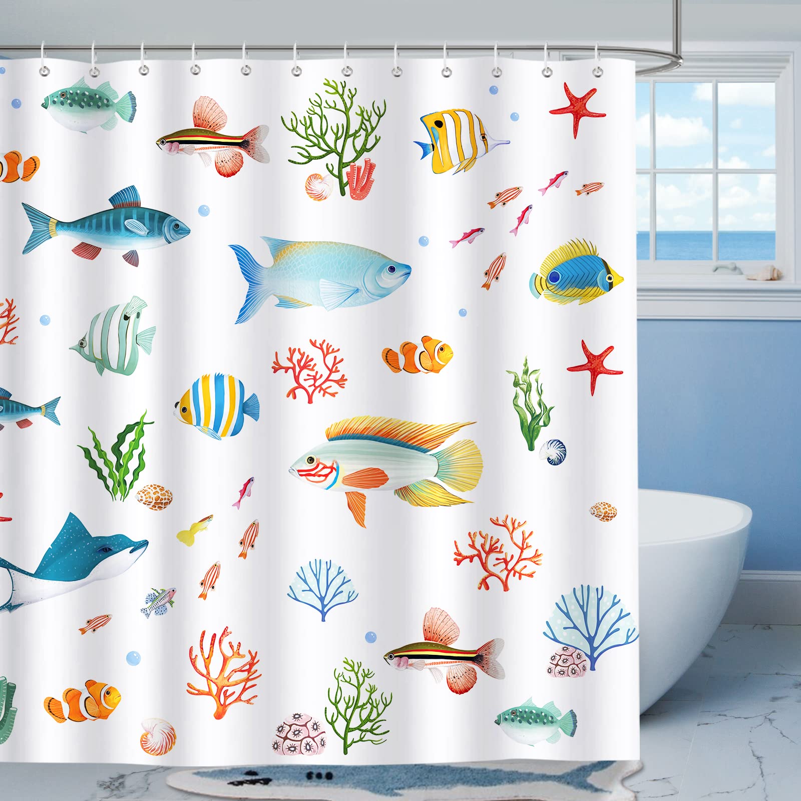 Bonhause Fish Shower Curtain, Colorful Tropical Fish Ocean Creatures Bathroom Curtain 72X72 Inch Polyester Fabric Waterproof Bat
