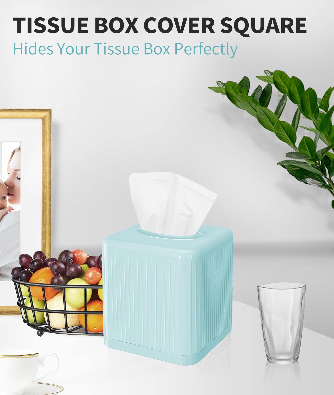 Livelab Tissue Box Cover with Base  Square Plastic Tissue Box Holder Decorative Tissue Cover Modern Cube Facial Tissue Dispenser for Bathroom Vanity Countertop  Living Room  Office - Blue