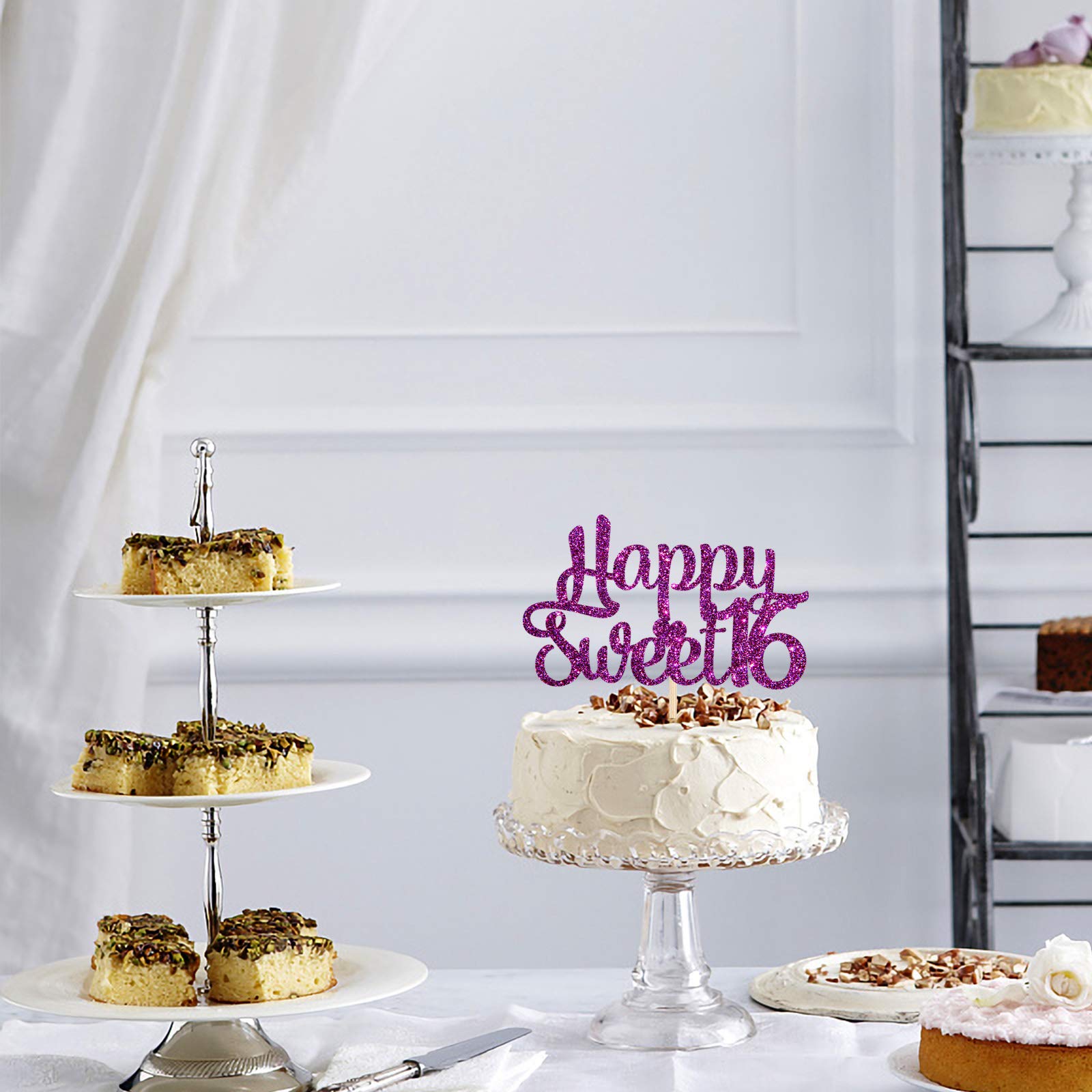 Innoru Glitter Happy Sweet 16 Cake Topper - 16Th Birthday Wedding Anniversary - Cheers To 16 Years Sweet Party Cake Decorations