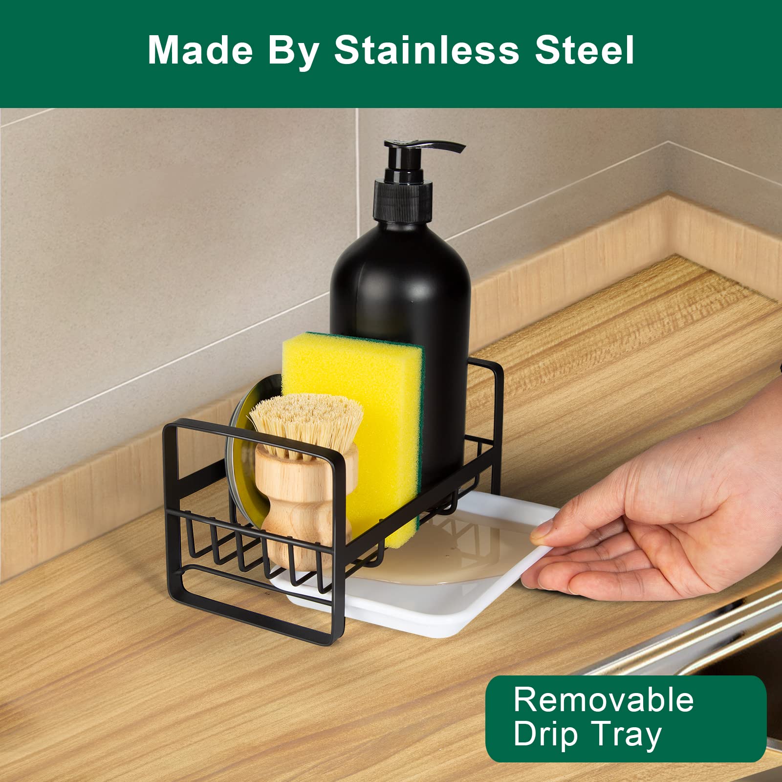 Tezz Sponge Holder For Kitchen Sink- Stainless Steel Kitchen Sink Caddy For Organizing Sponge, Brush & Soap Dish Dispenser, Kitc
