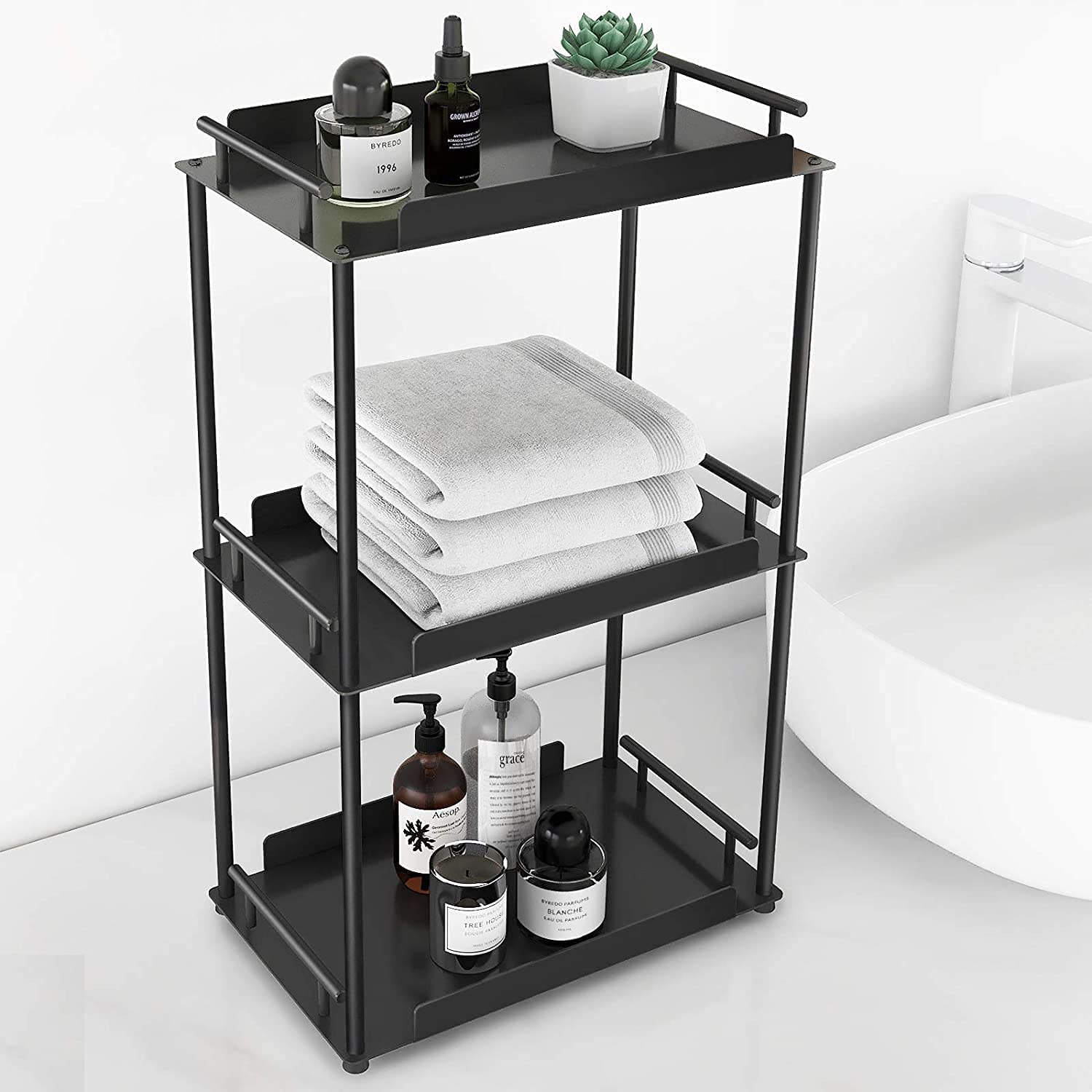 Indian Decor 45035 Bathroom Organizer Countertop 3Tier Shelf Vanity Tray Cosmetic Storage Holder Kitchen Spice Rack, Metal Blac