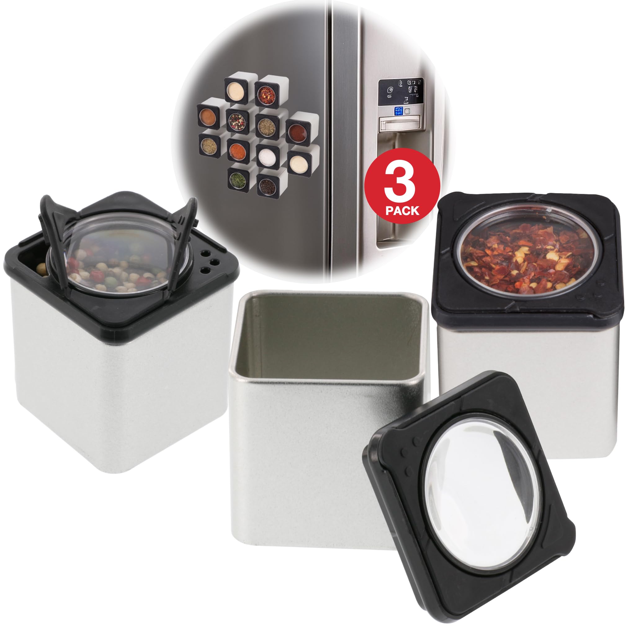 Magnetic Spice Jars-Shake Or Pour Containers Attach To Most Refrigerator Doors & Appliances- Set Of 3 Seasoning Dispensers-Easy