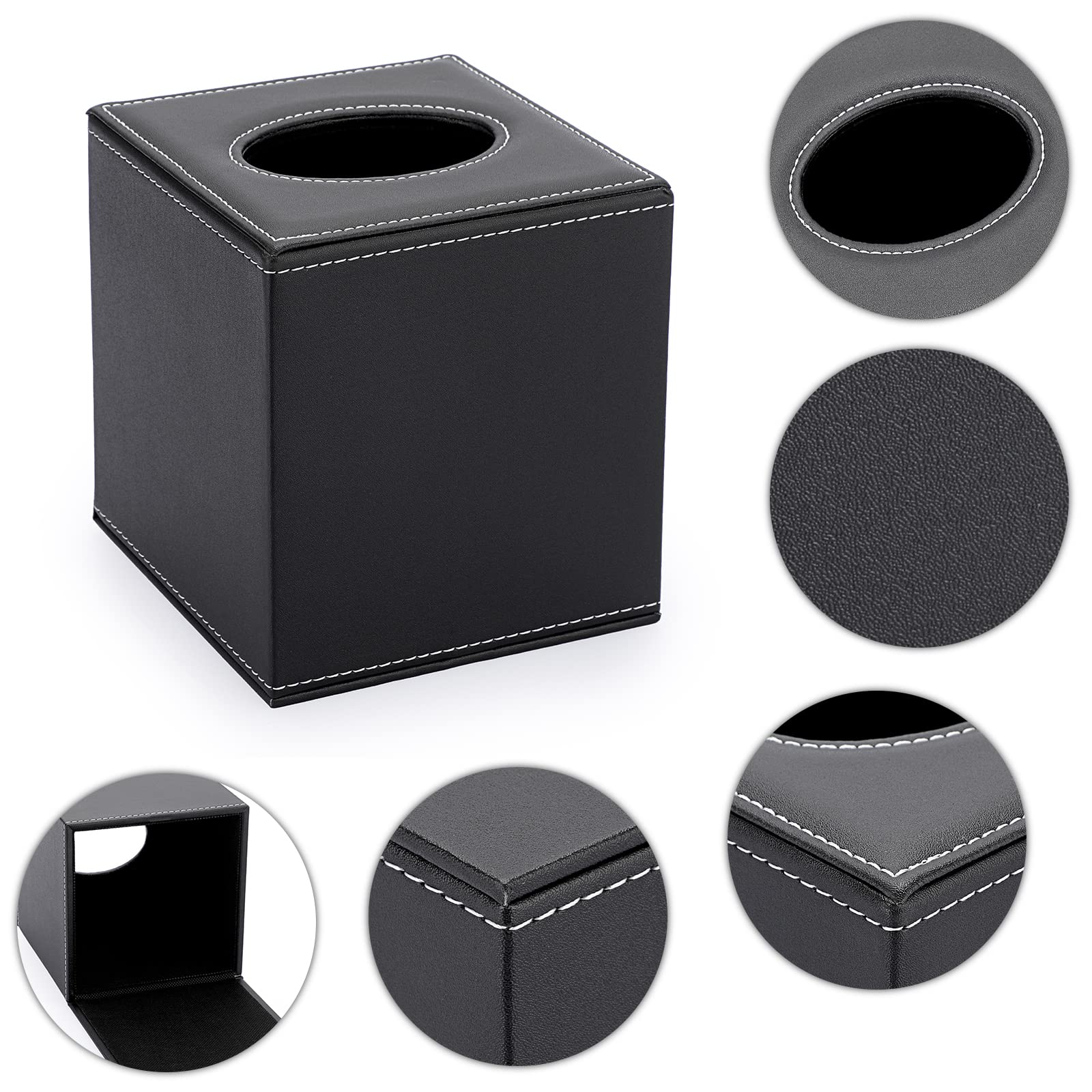Sumnacon Square Leather Tissue Box Cover - Stylish Cube Tissue Box Holder with Magnetic Bottom  Decorative PU Tissue Box for Vanity Dresser Night Stand Table Countertop Home Office Car  Black