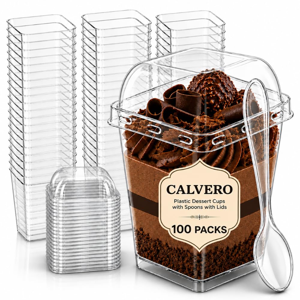 CALVERO 100 Pack Dessert Cups with Lids and Spoons 300Piece Set