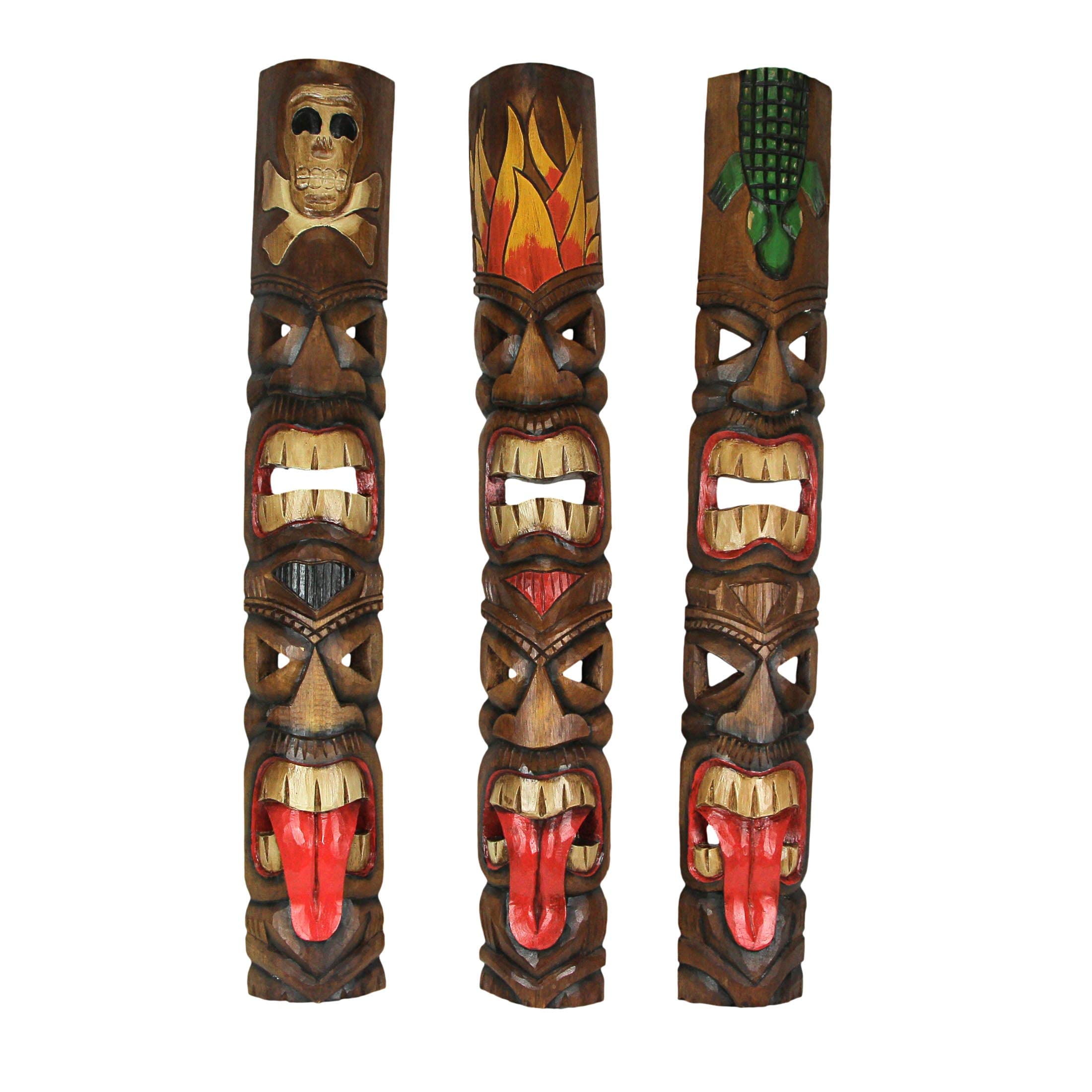 Zeckos Set of 3 Unique Hand-Carved Wood Double Tiki Mask Totem Wall Decor Sculptures - 40 Inches High - Vibrant Tropical Tribal 