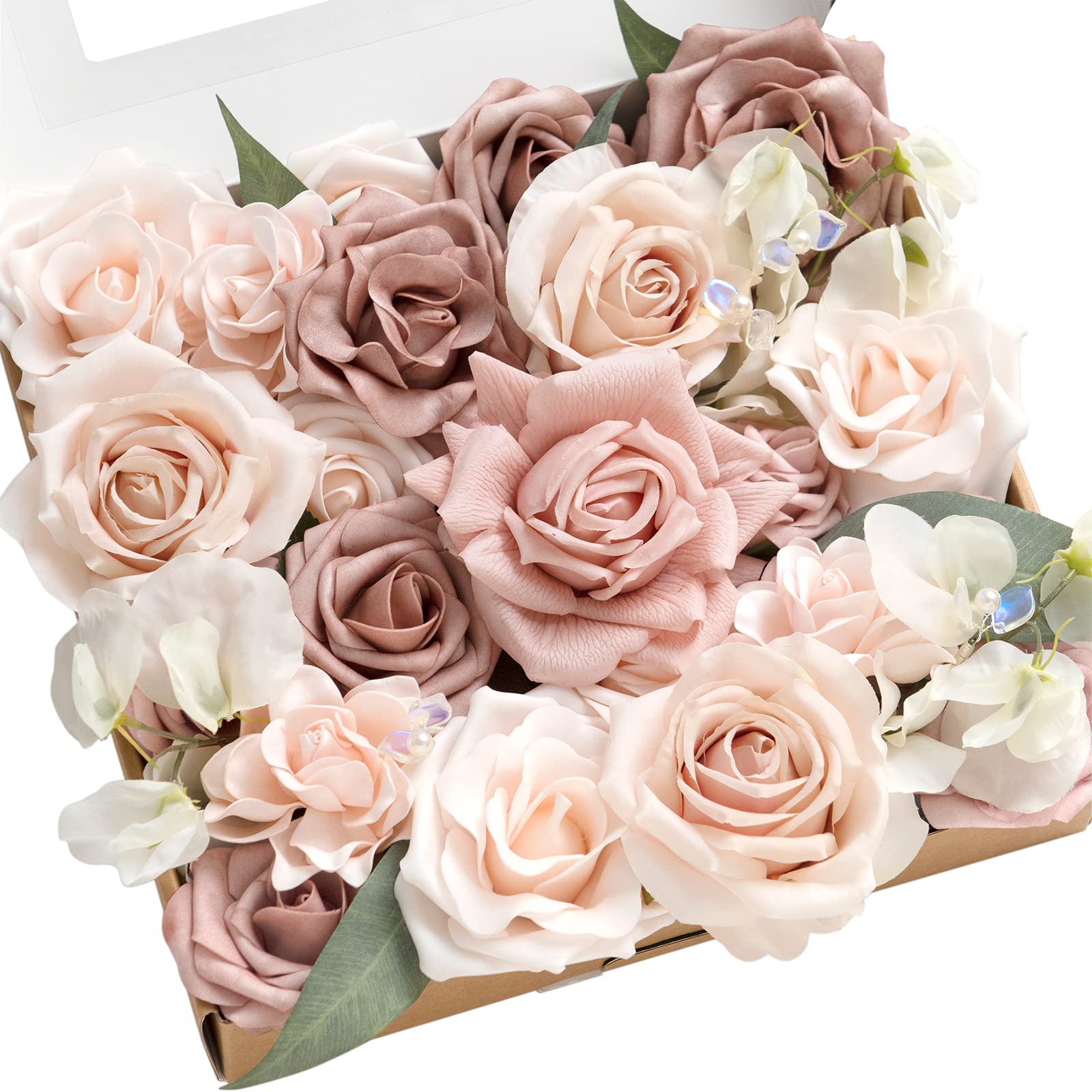Lings Moment Dusty Rose Artificial Flowers and Greenery Combo Box Set,Real Touch Rose and Lifelike Greenery Leaves for DIY Wedd