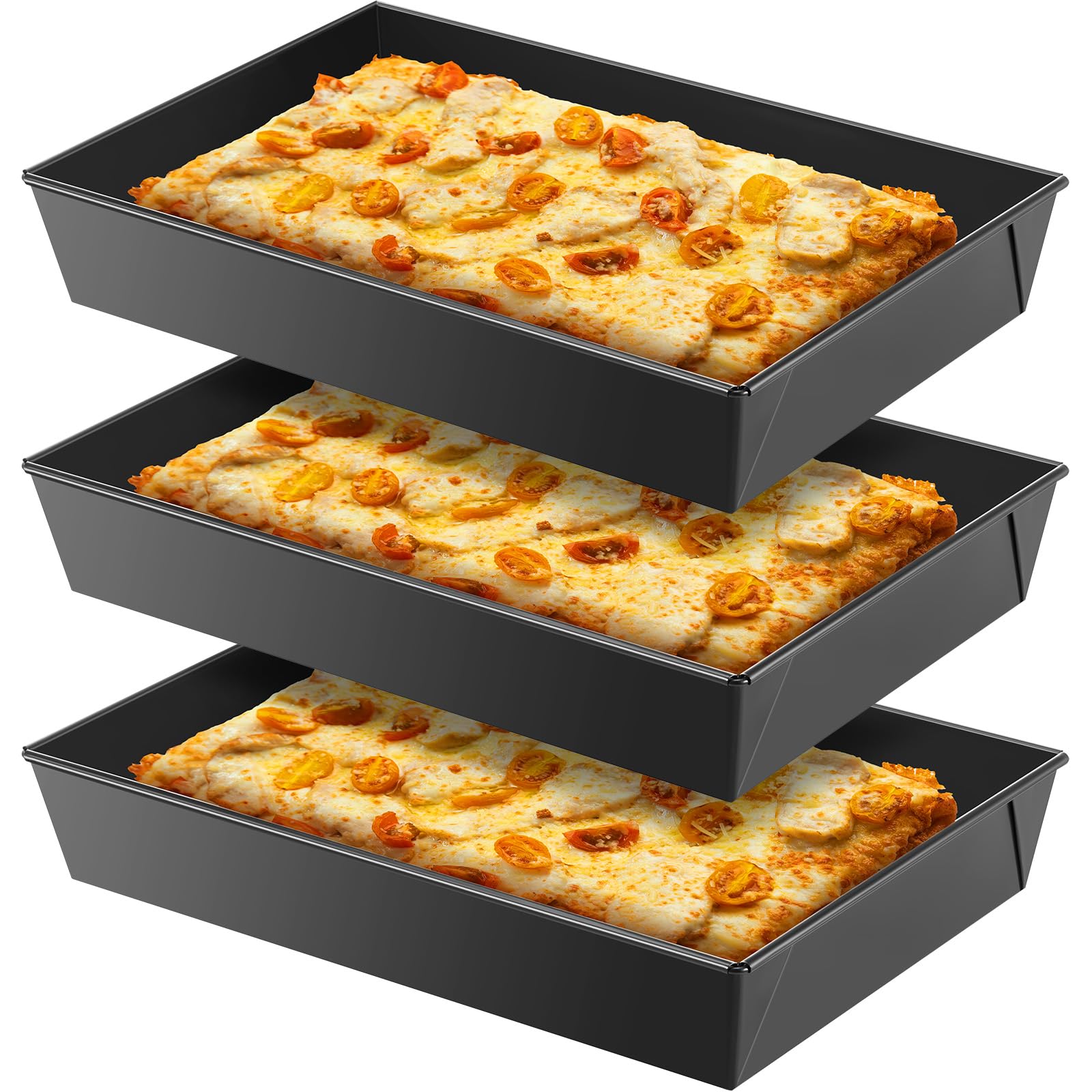 RimCereal 3 Pcs Detroit Style Pizza Pan, 10 x 14 x 2.36 Inch, Black