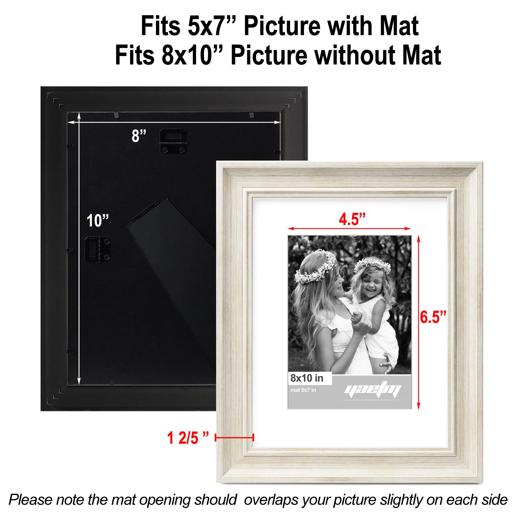 Yaetm 8x10 Picture Frame Matted to 5x7 Set of 4, 1.4    Wide Molding & Rustic White Photo Frames 8 x 10 with Tempered Glass, Dis