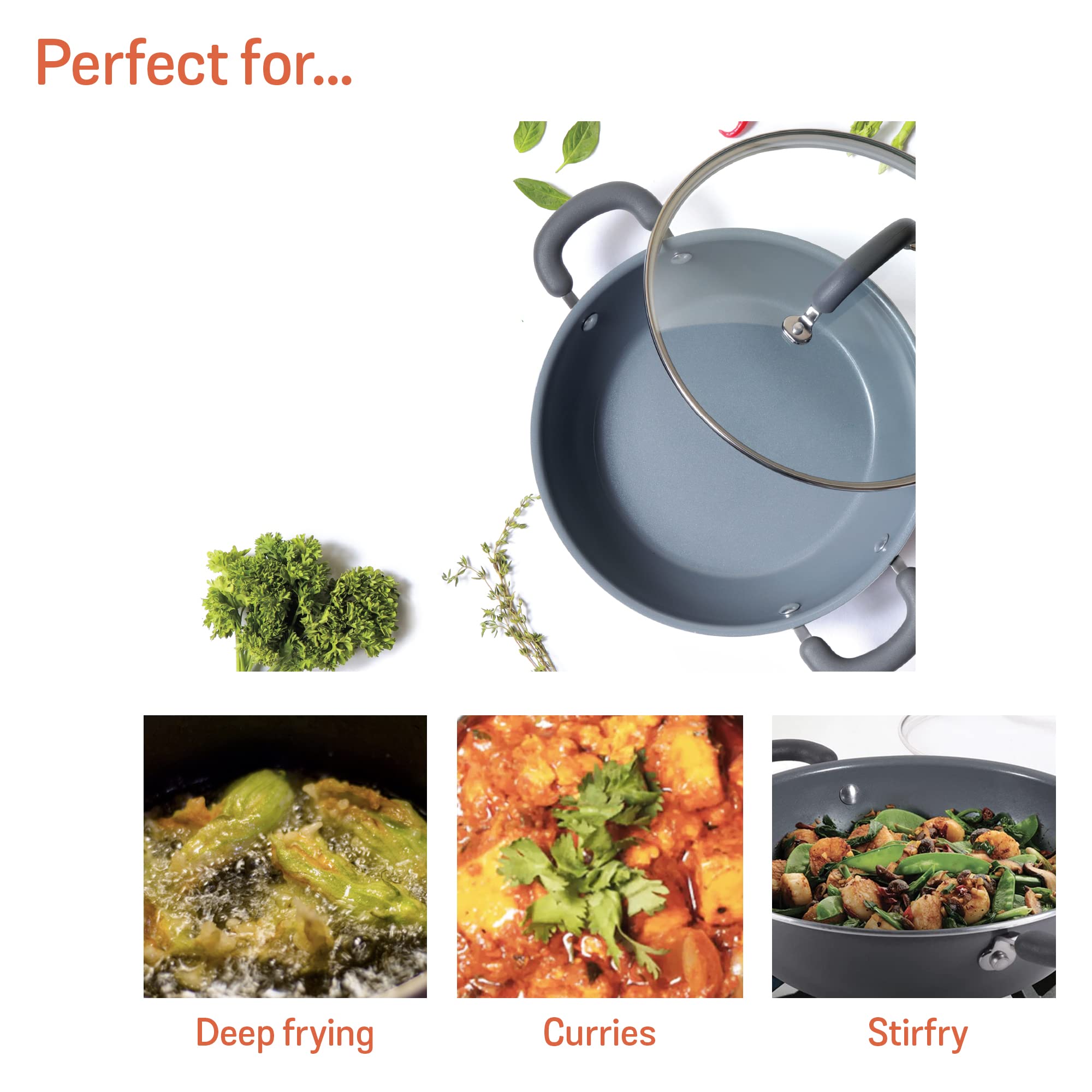 Meyer Anzen Healthy Ceramic Coated Aluminum Cookware Kadai With Lid, (30Cm, Grey)