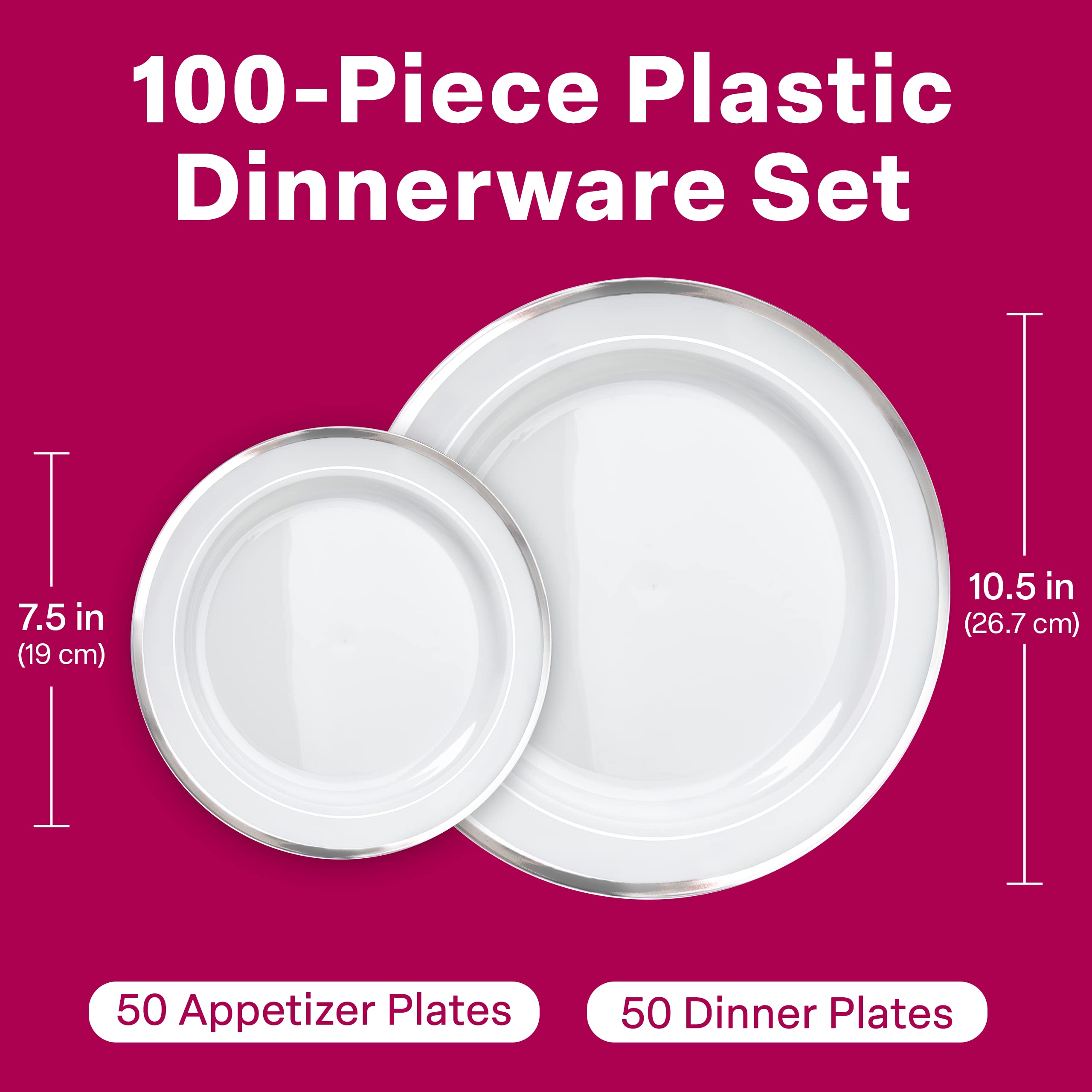 Aya'S Cutlery Kingdom 100 Plastic White Plates Disposable With Silver Trim, 50 Plastic Dinner Plates 10.25'' + 50 Salad, Dessert