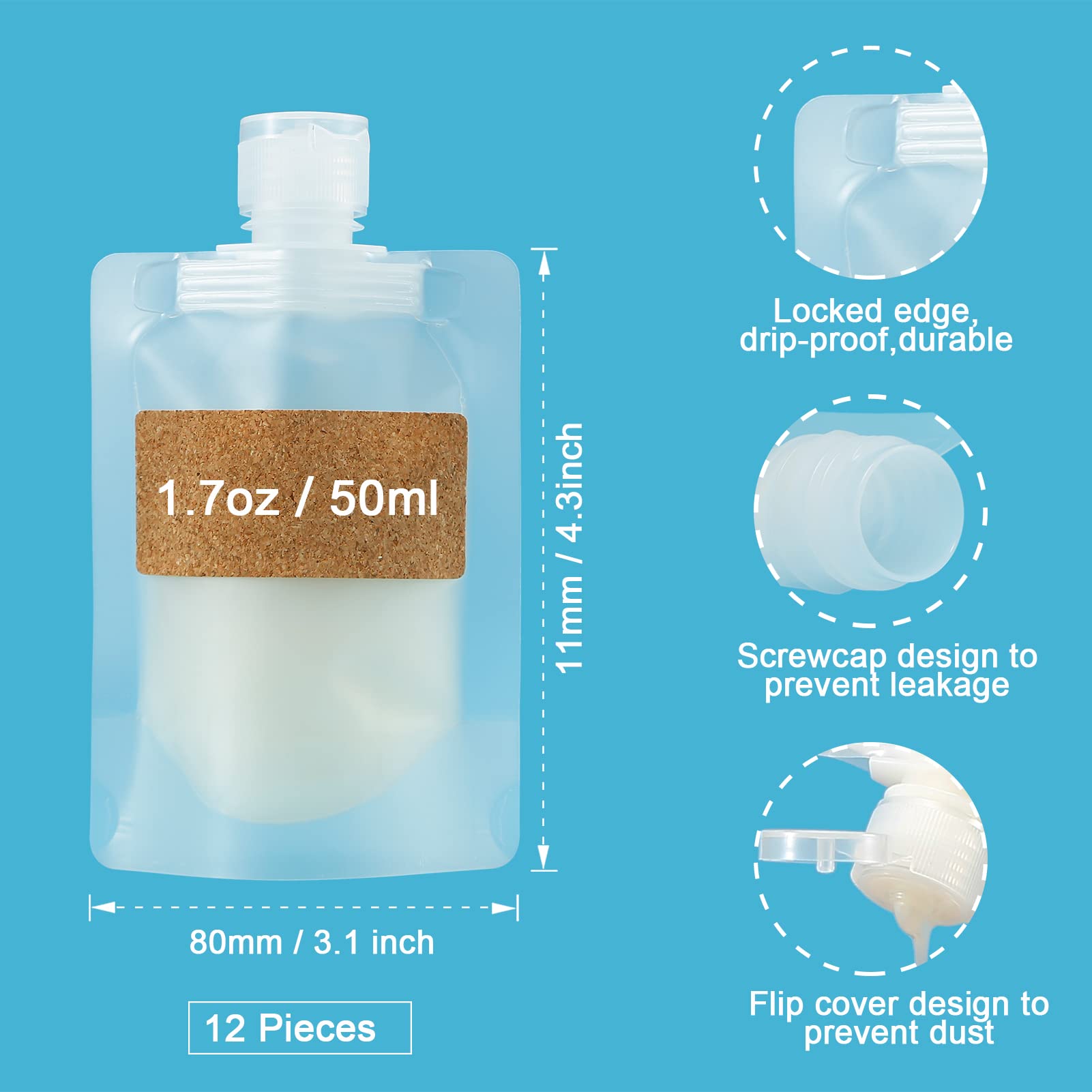 TailaiMei 12 Pieces Travel Pouches for Toiletries  TSA Approved Portable Travel Size  Refillable Stand Up Pouch for Shampoo/Conditioner/Lotion (50ml/1.7oz)