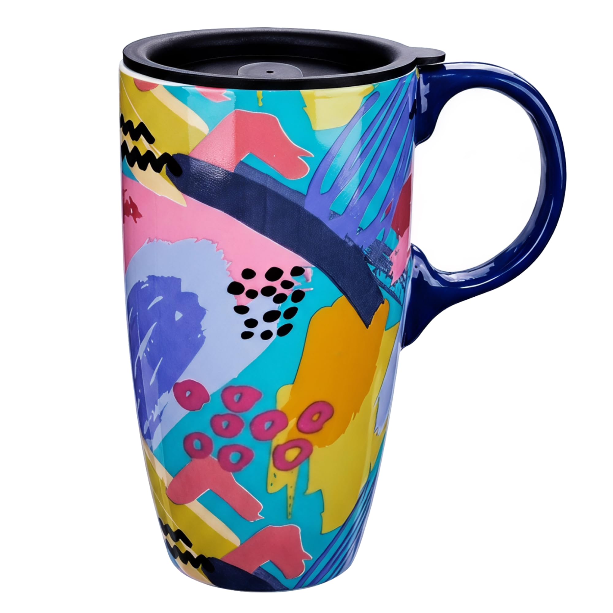 Topadorn 17oz Ceramic Travel Mug with Lid, Colorful Abstract Art Coffee Mug