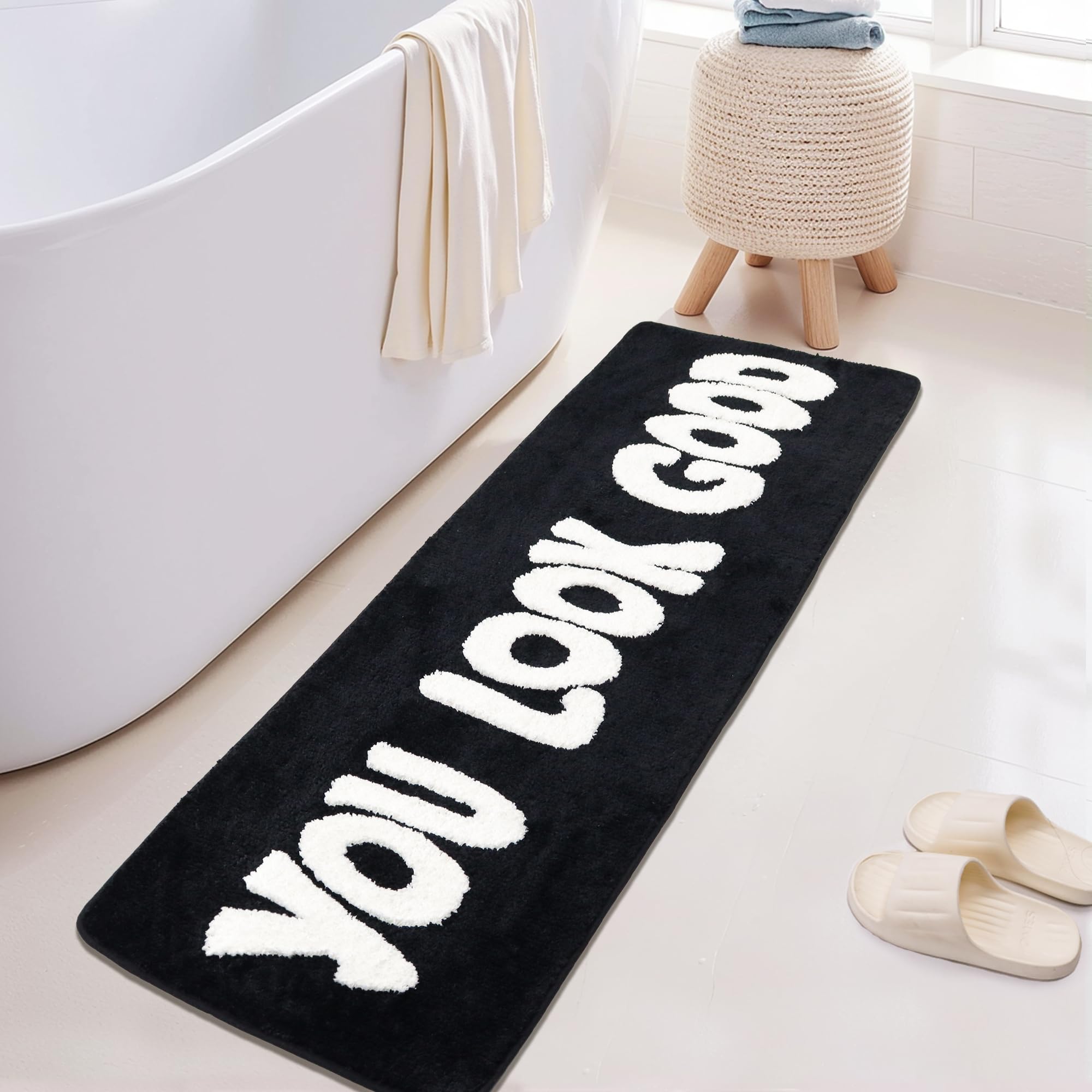 Oturgor You Look Good Runner Black And White Bathroom Rug Long Bath Mat Funny Bathroom Decor For Bathtub,Bedroom And Shower,20''
