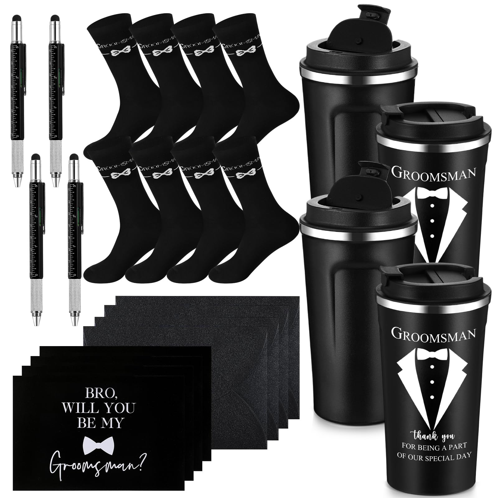 Nuanchu 4 Set Groomsmen Gifts for Men Wedding Proposal Gift 17 oz Stainless Steel Tumbler Groomsman Socks Multi Tool Metal Ballp